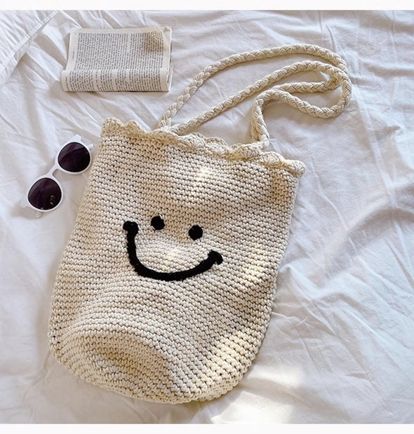Elena Handbags Cotton Knit Smiley Face Shoulder Bag