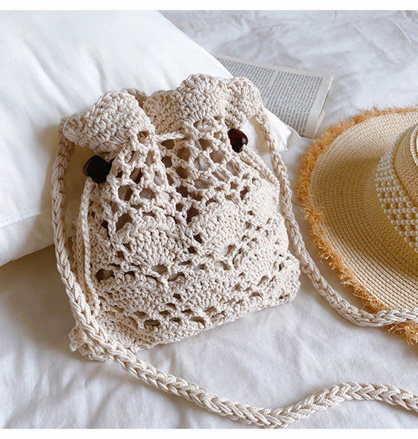 Elena Handbags Floral Cotton Knitted Shoulder Drawstring Bag with Tassel