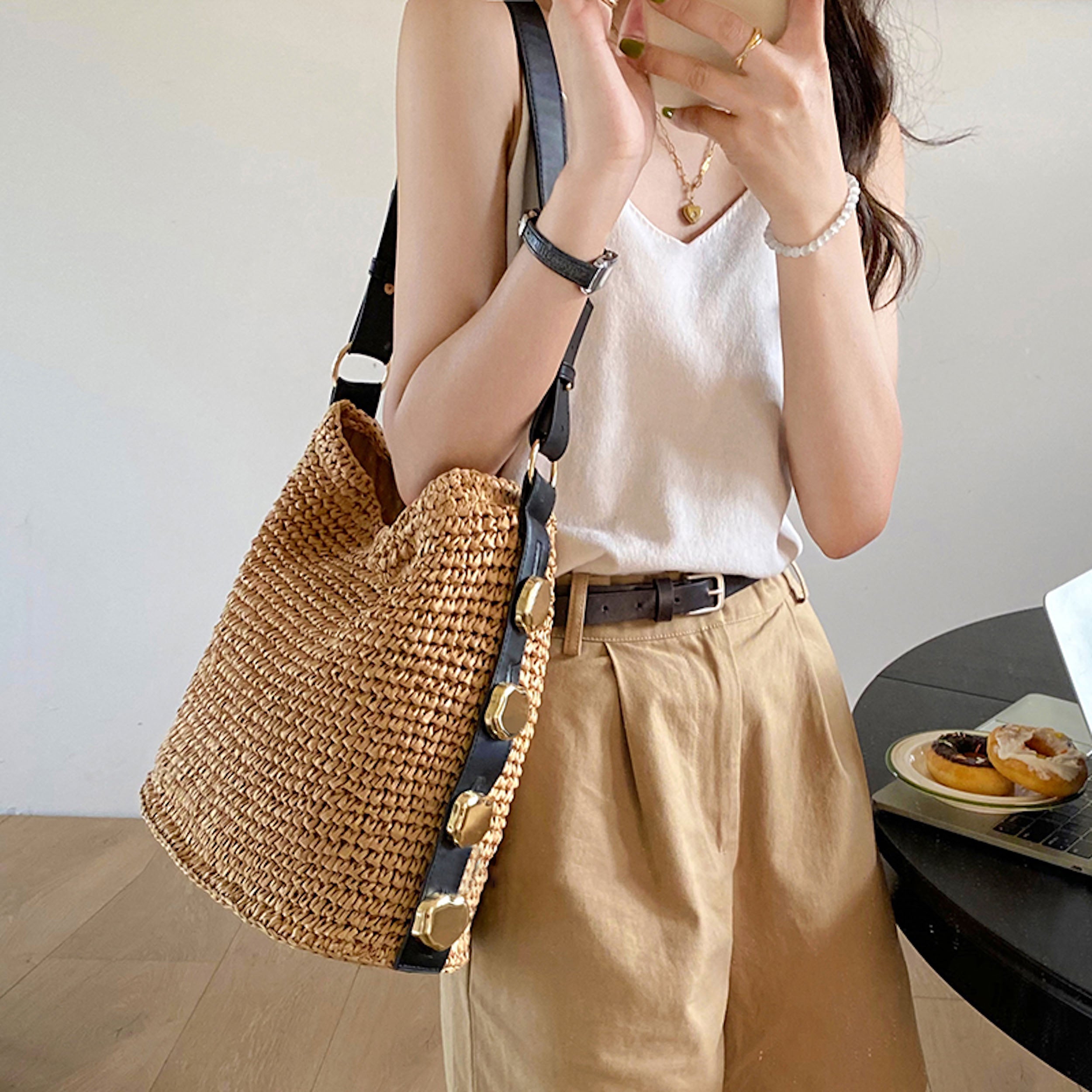 Straw Woven Tote with Leather Straps