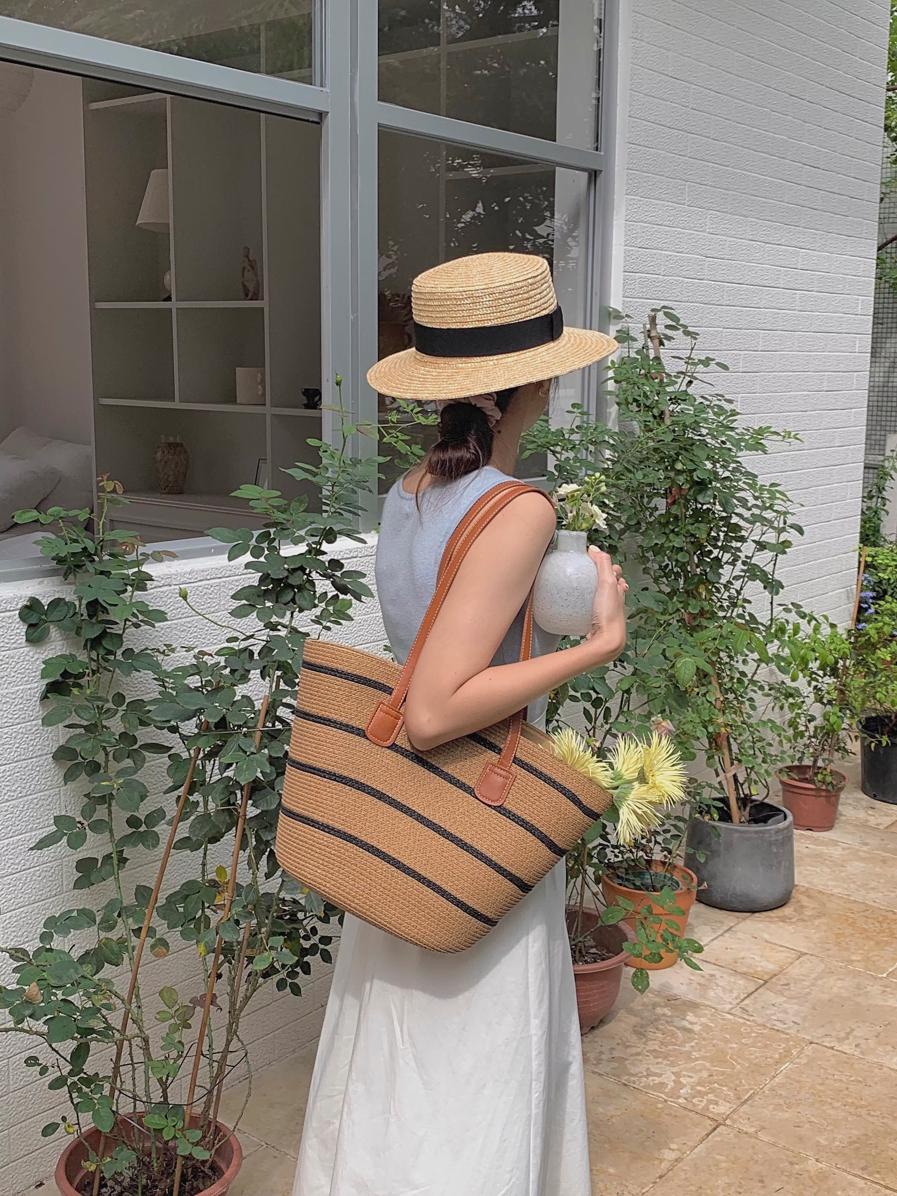 Straw Summer Tote Beach Bag with Stripes