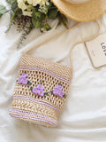Elena Handbags Floral Straw Shoulder Bucket Bag Lavender