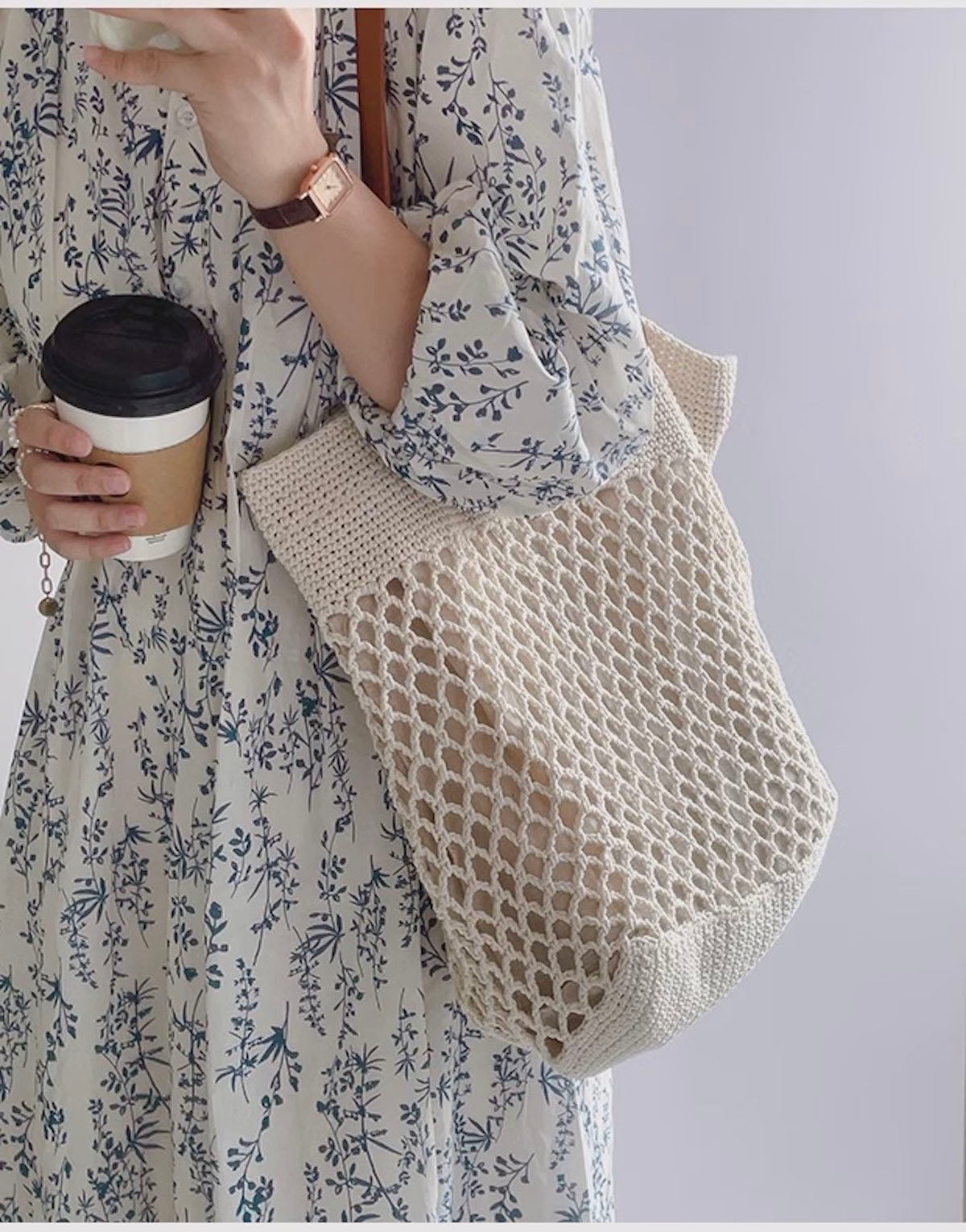 Elena Handbags Retro Fish Net Cotton Knitted Shoulder Bag with Leather Straps
