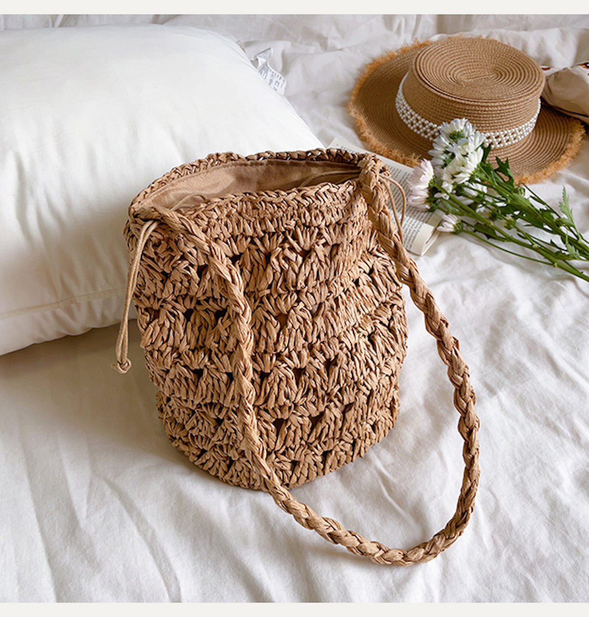 Elena Handbags Patterned Straw Shoulder Bucket Bag
