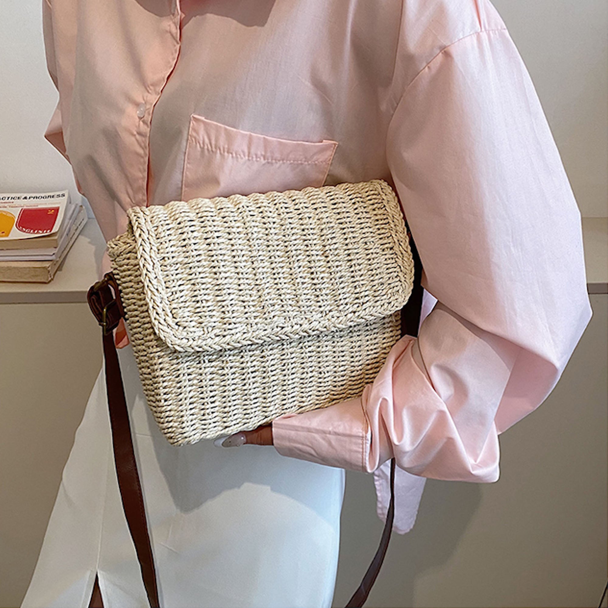 Straw Woven Messenger Bag with Flap