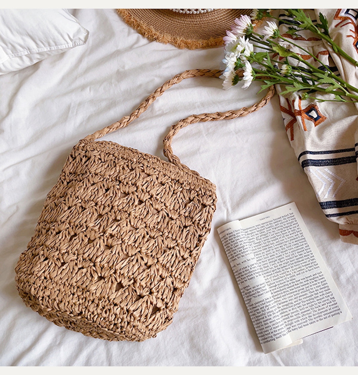 Elena Handbags Patterned Straw Shoulder Bucket Bag