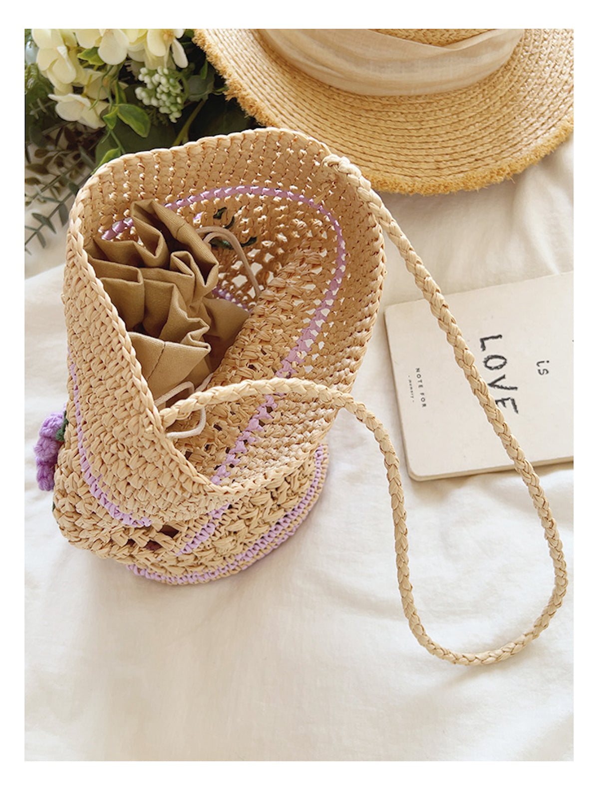 Elena Handbags Floral Straw Shoulder Bucket Bag Lavender