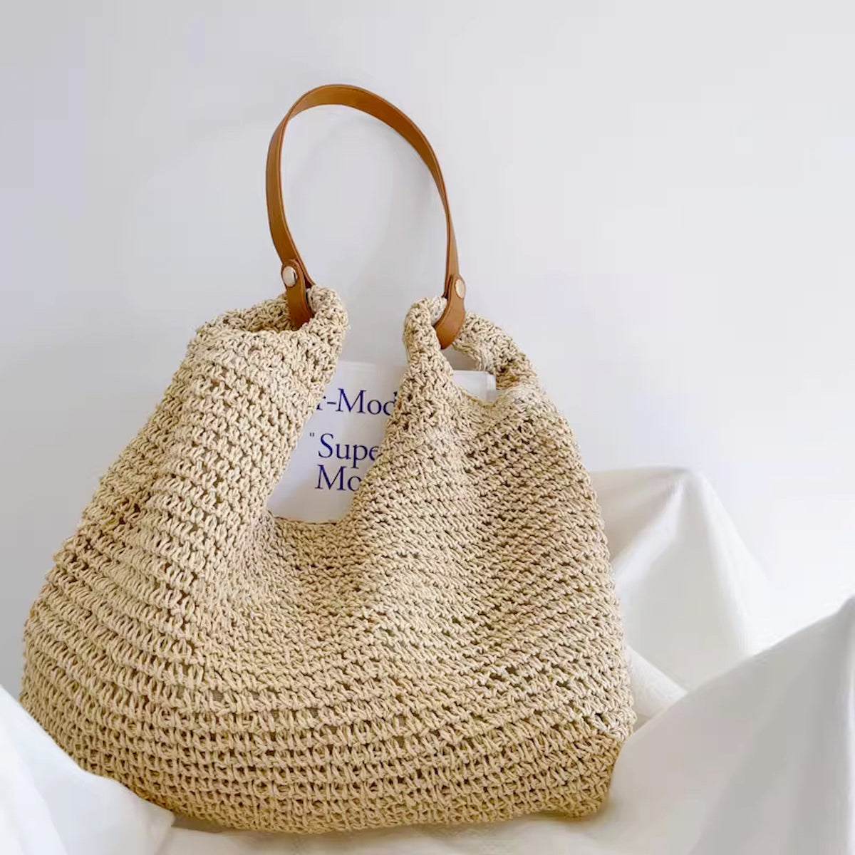 Elena Handbags Straw Woven Tote with Leather Straps
