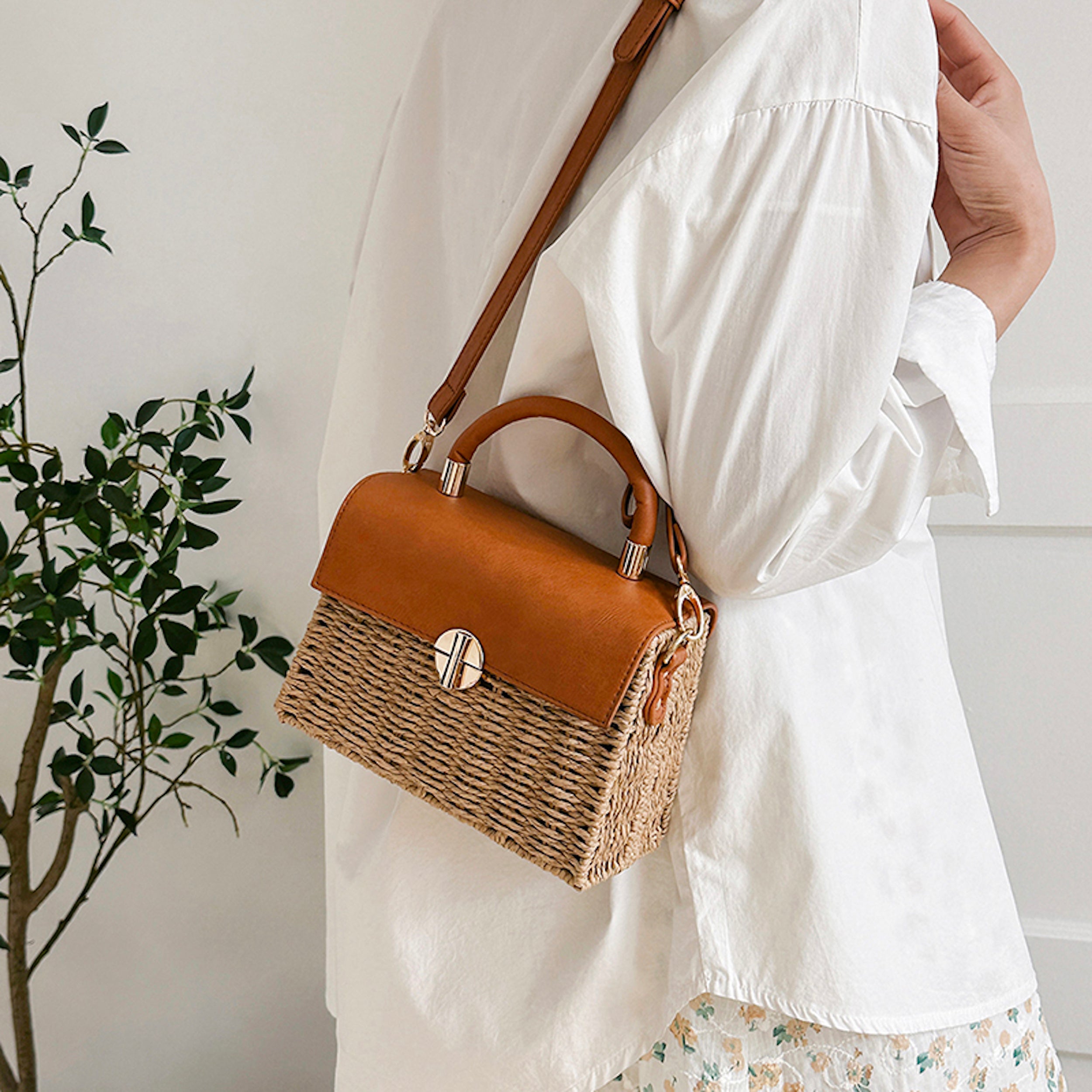 Straw Woven Box Bag with Leather Flap and Trims