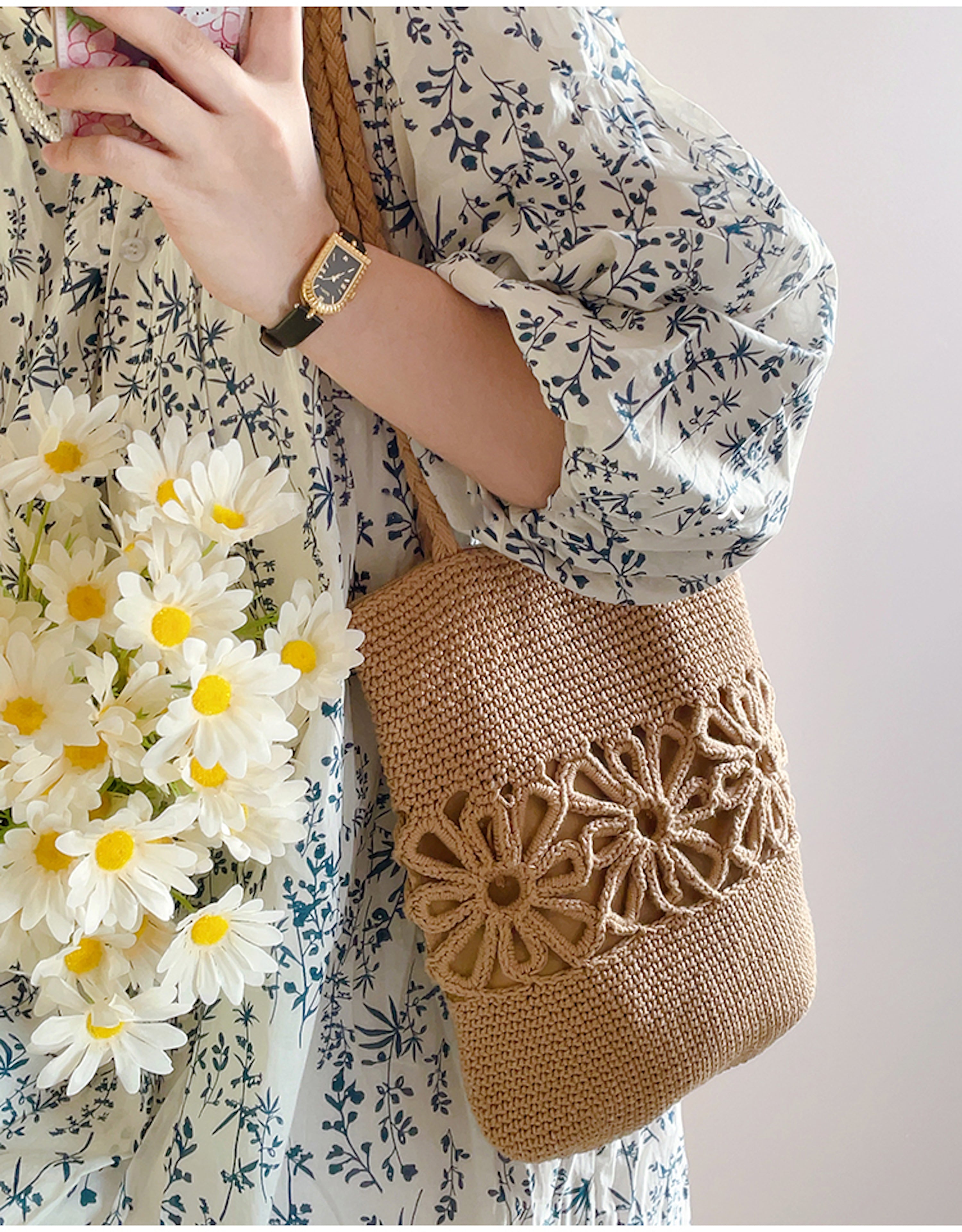 Crochet Medium Cotton Bag with Floral Design