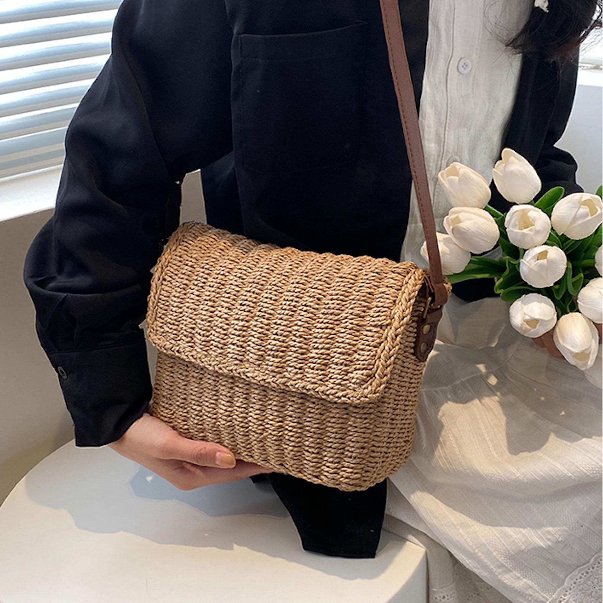 Straw Woven Messenger Bag with Flap