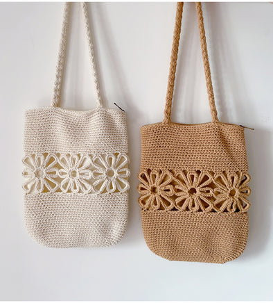 Elena Handbags Crochet Medium Cotton Bag with Floral Design