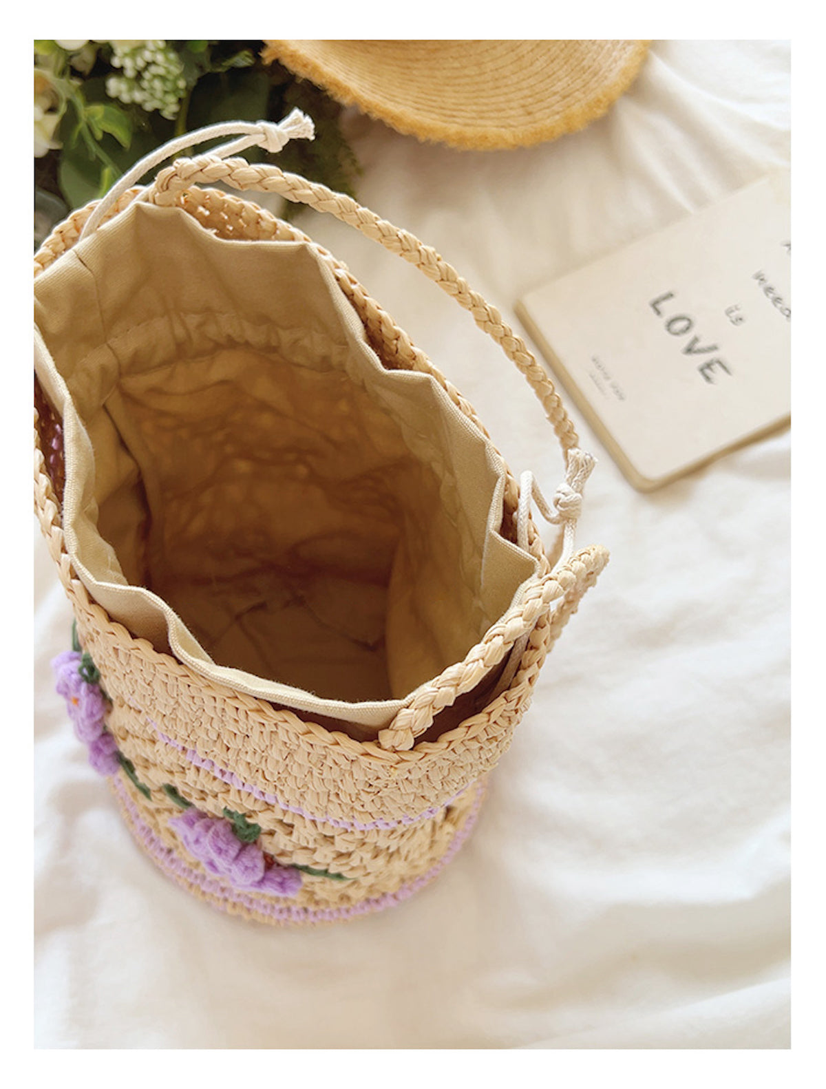 Elena Handbags Floral Straw Shoulder Bucket Bag Lavender