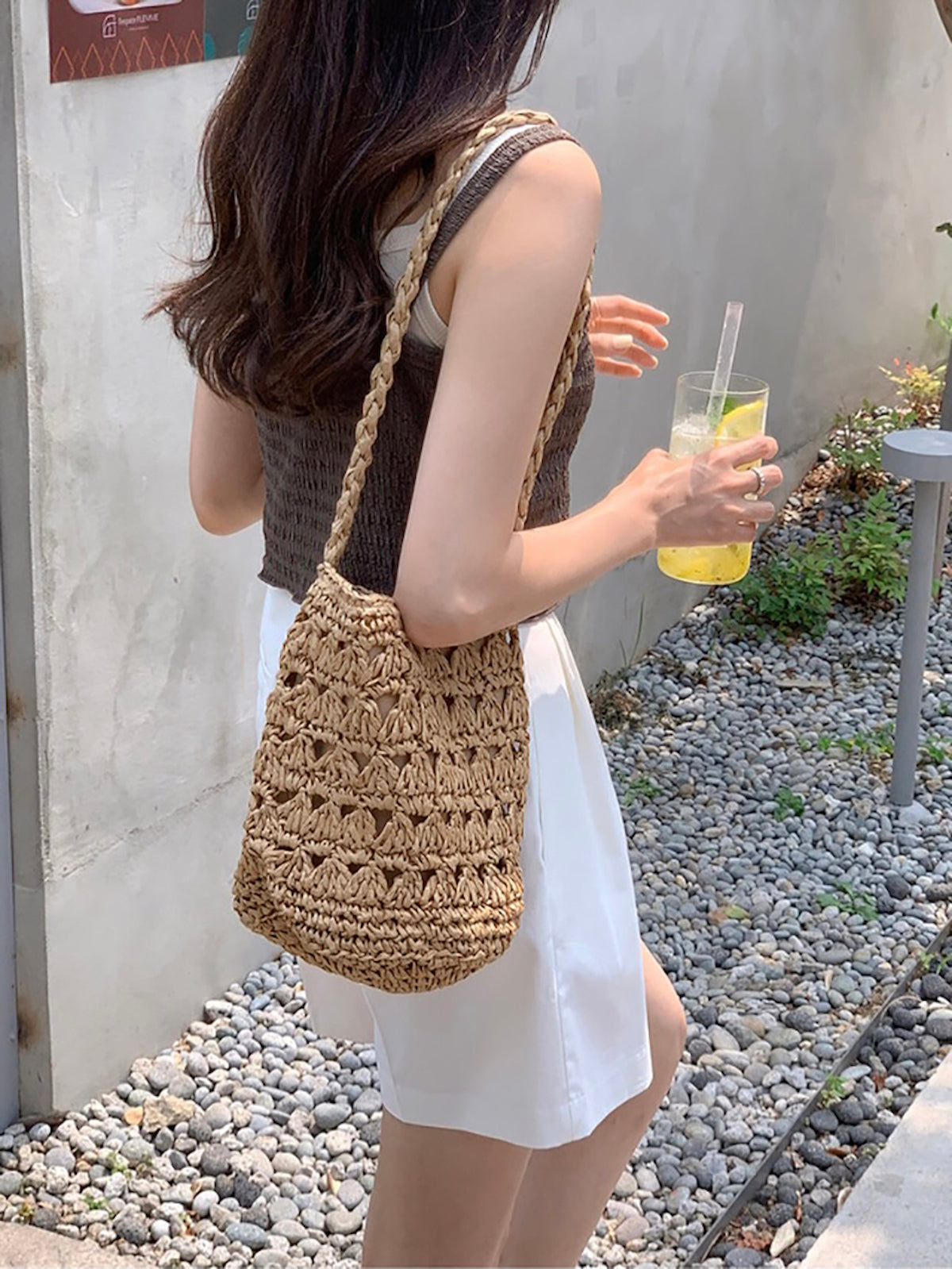 Elena Handbags Patterned Straw Shoulder Bucket Bag