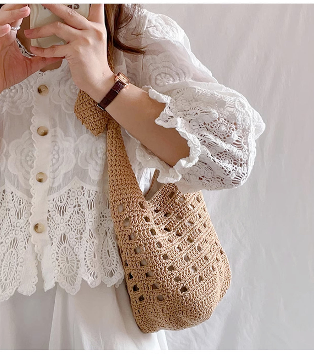 Elena Handbags Crochet Cotton Bucket Shoulder Bag