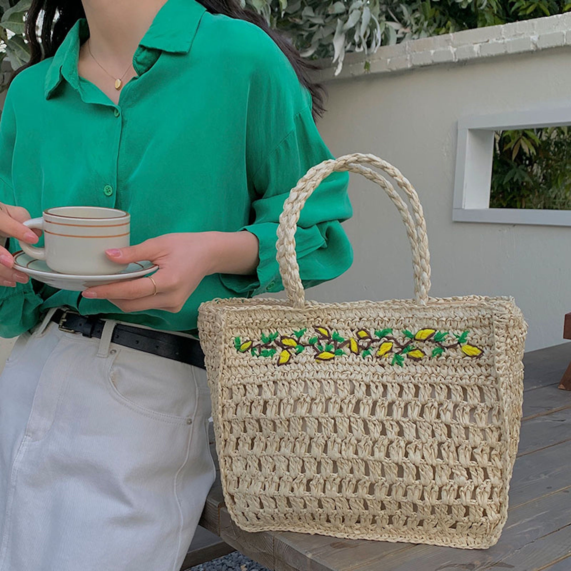 Summer Floral Straw Shoulder Bag with Long Strap