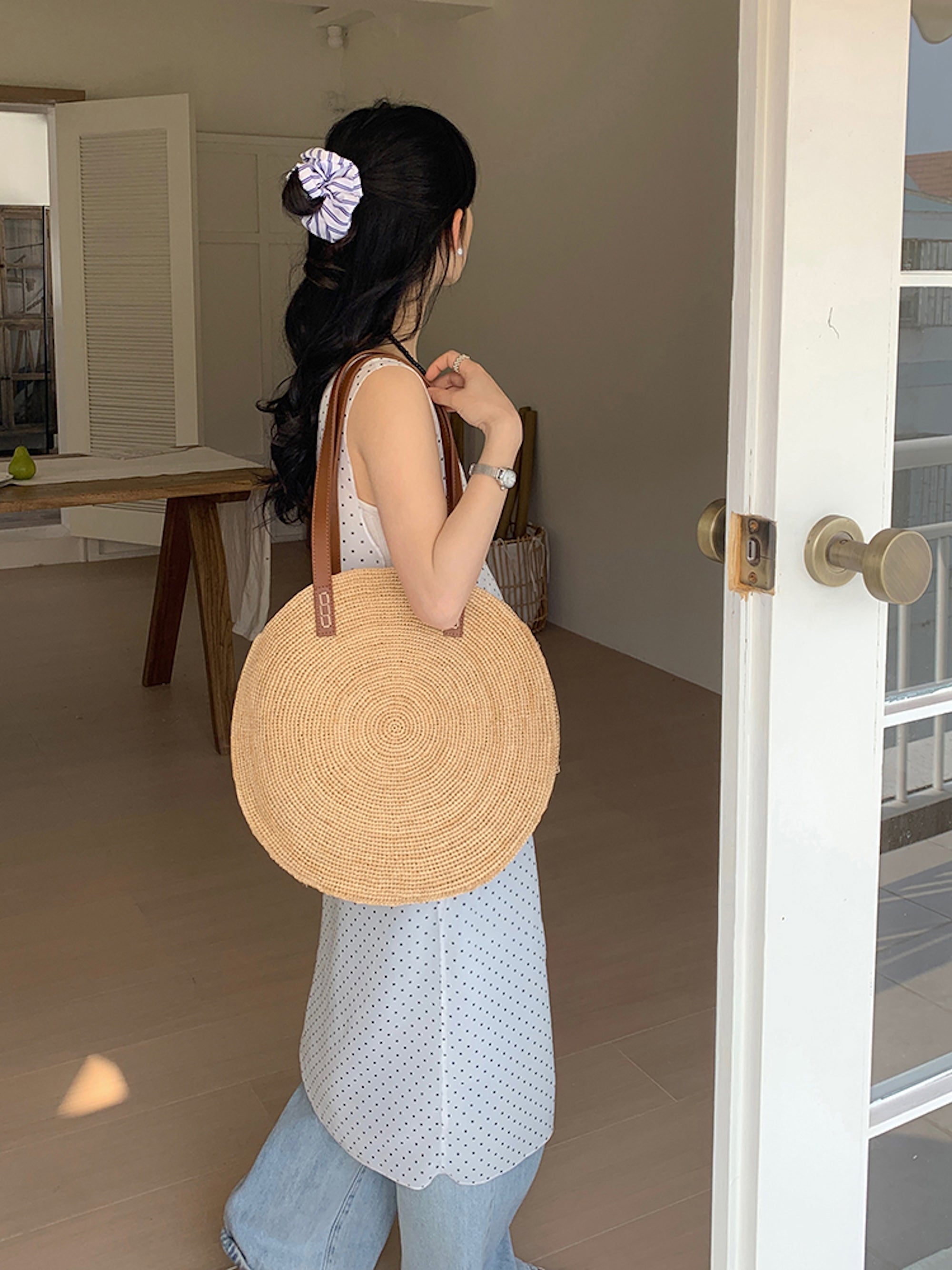Round Raffia Woven Shoulder Bag with Genuine Leather Straps