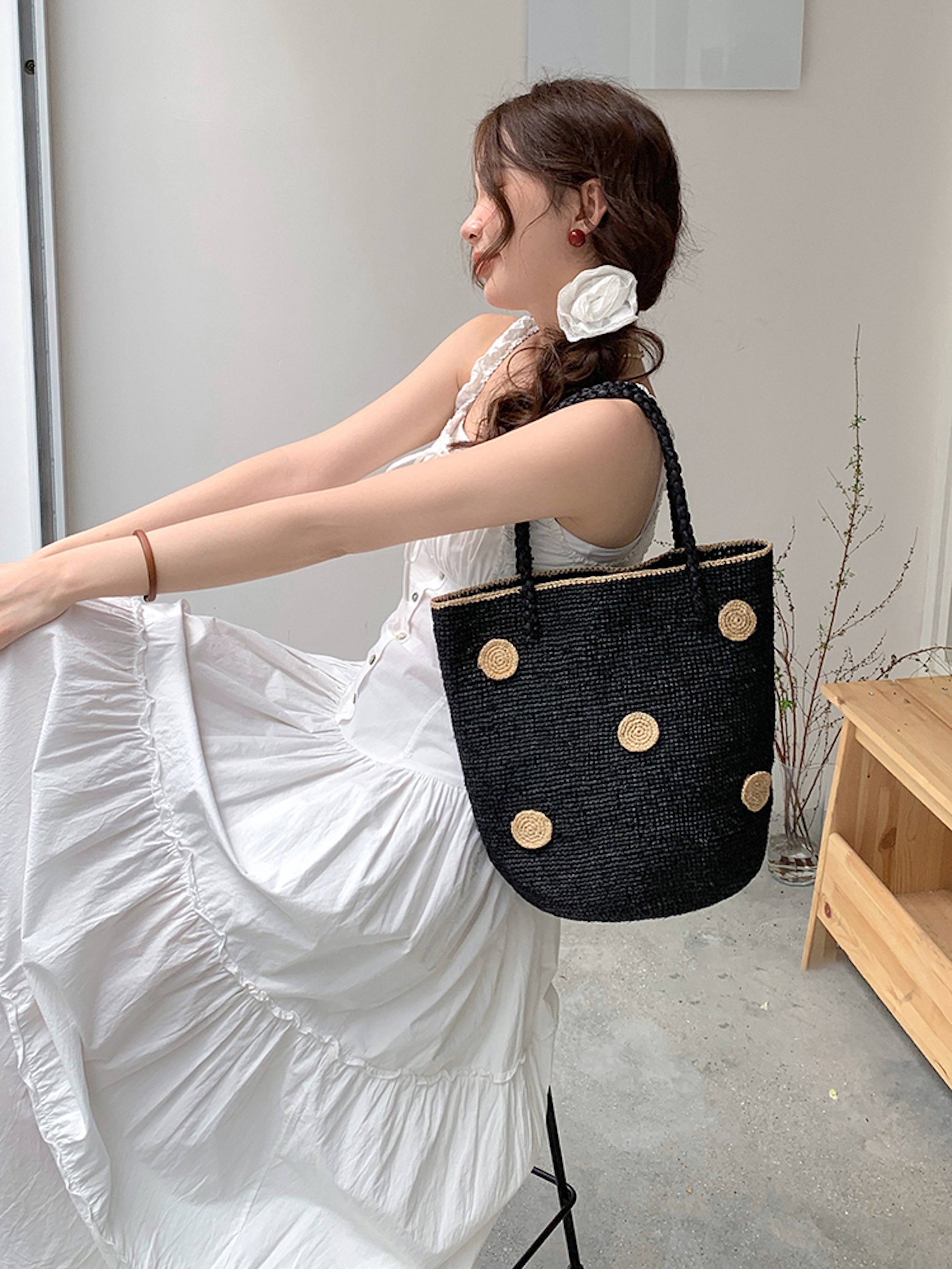 Polka Dot Design Raffia Woven Summer Straw Tote