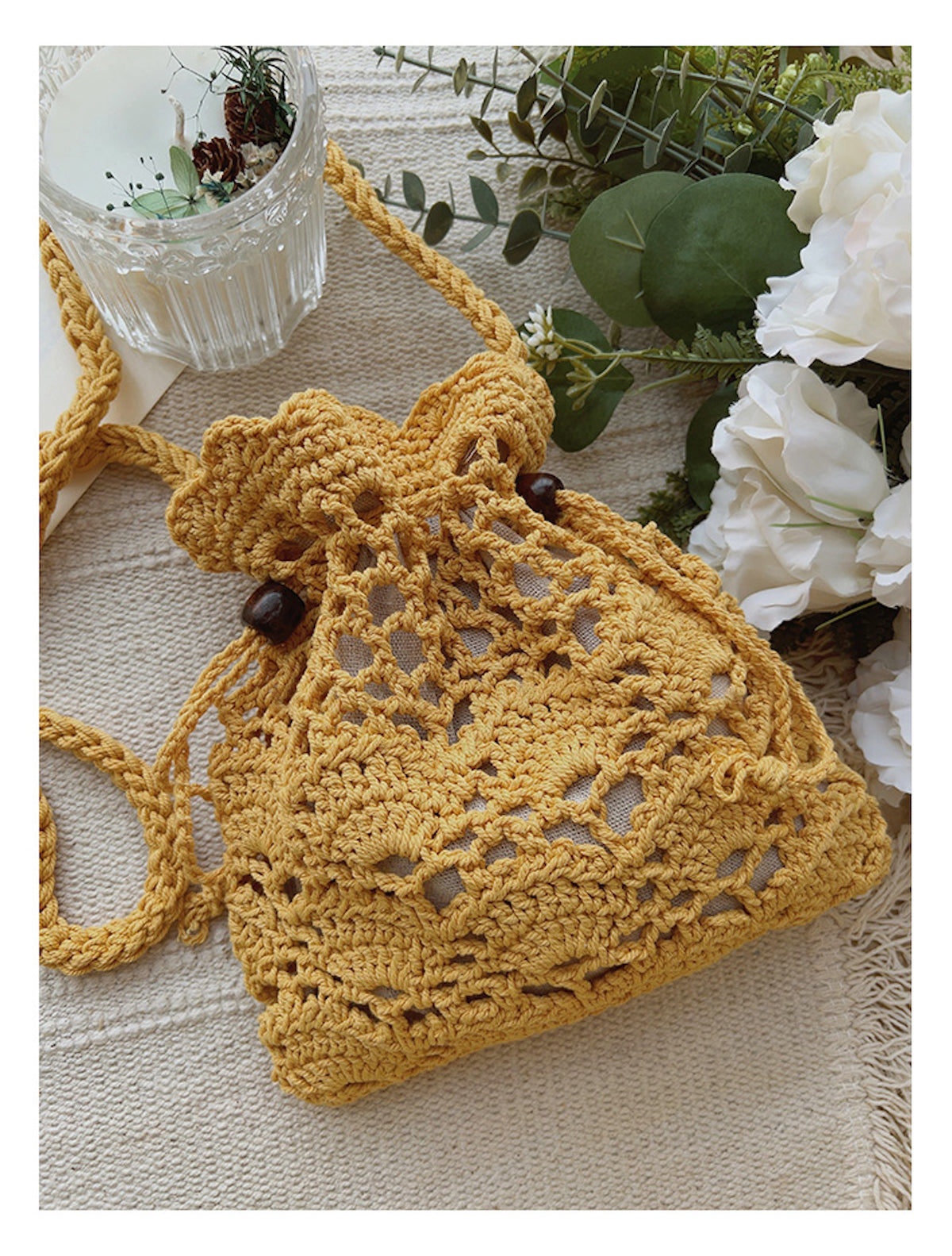 Elena Handbags Floral Cotton Knitted Shoulder Drawstring Bag