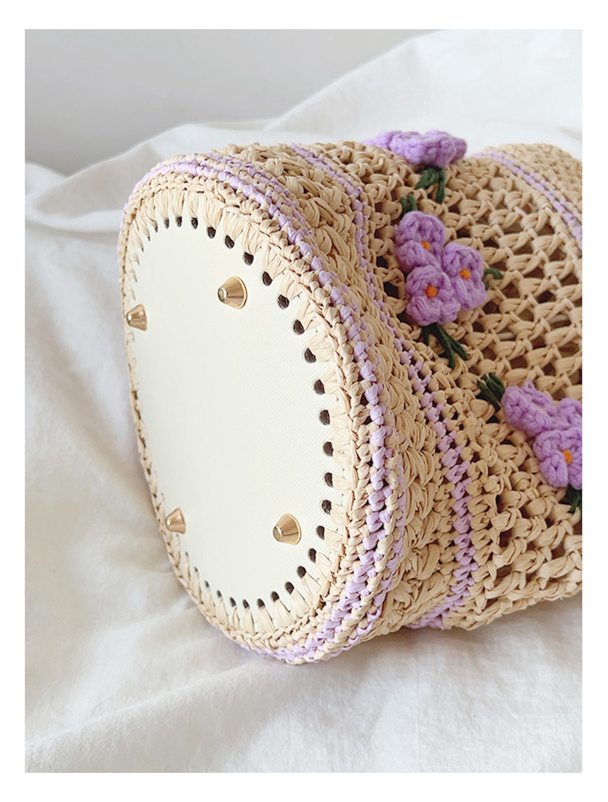 Elena Handbags Floral Straw Shoulder Bucket Bag Lavender