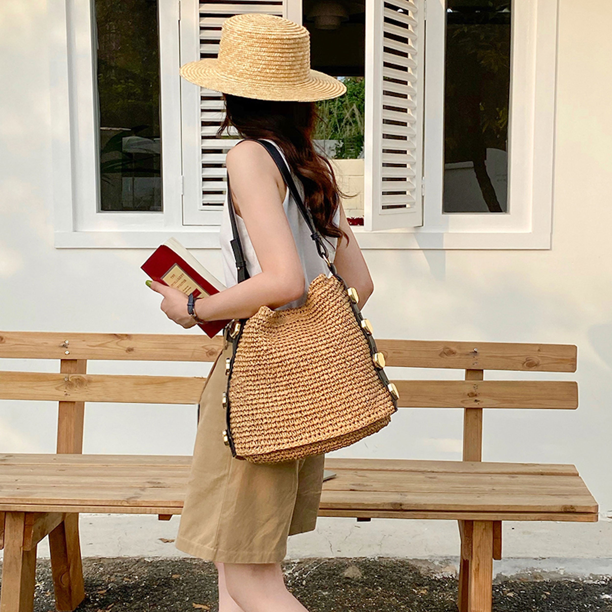 Straw Woven Tote with Leather Straps