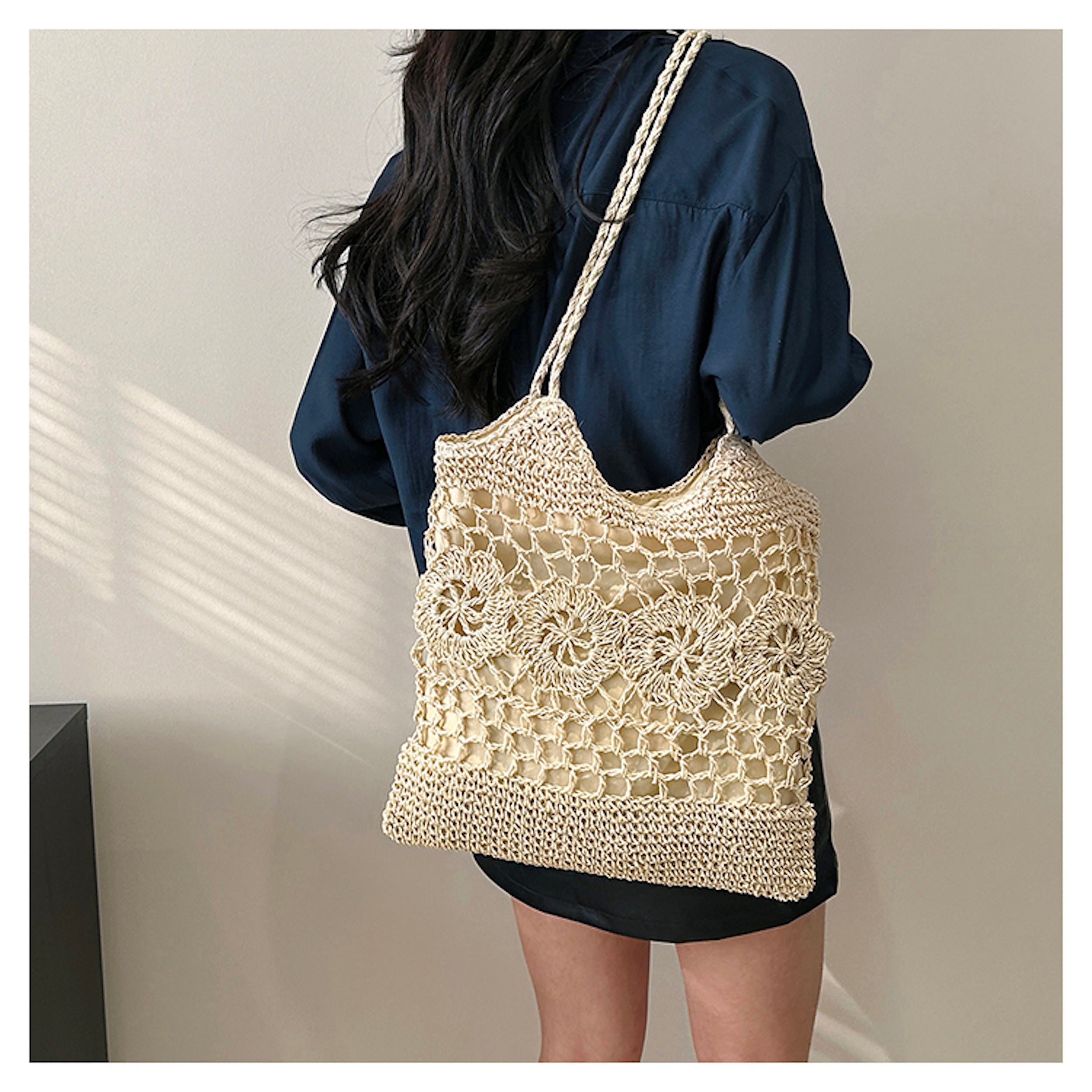 Elena Handbags Straw Woven Summer Fashion Bag with Floral Designs
