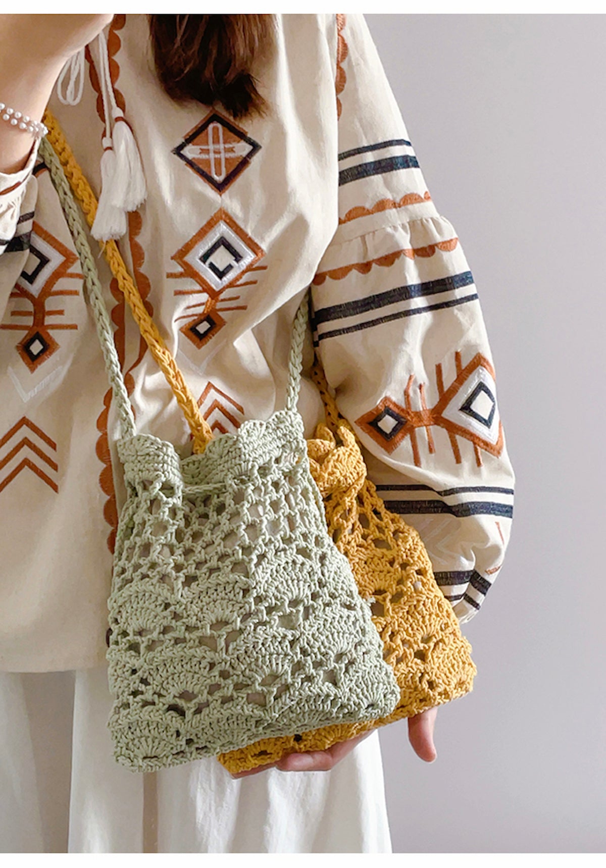Elena Handbags Floral Cotton Knitted Shoulder Drawstring Bag with Tassel