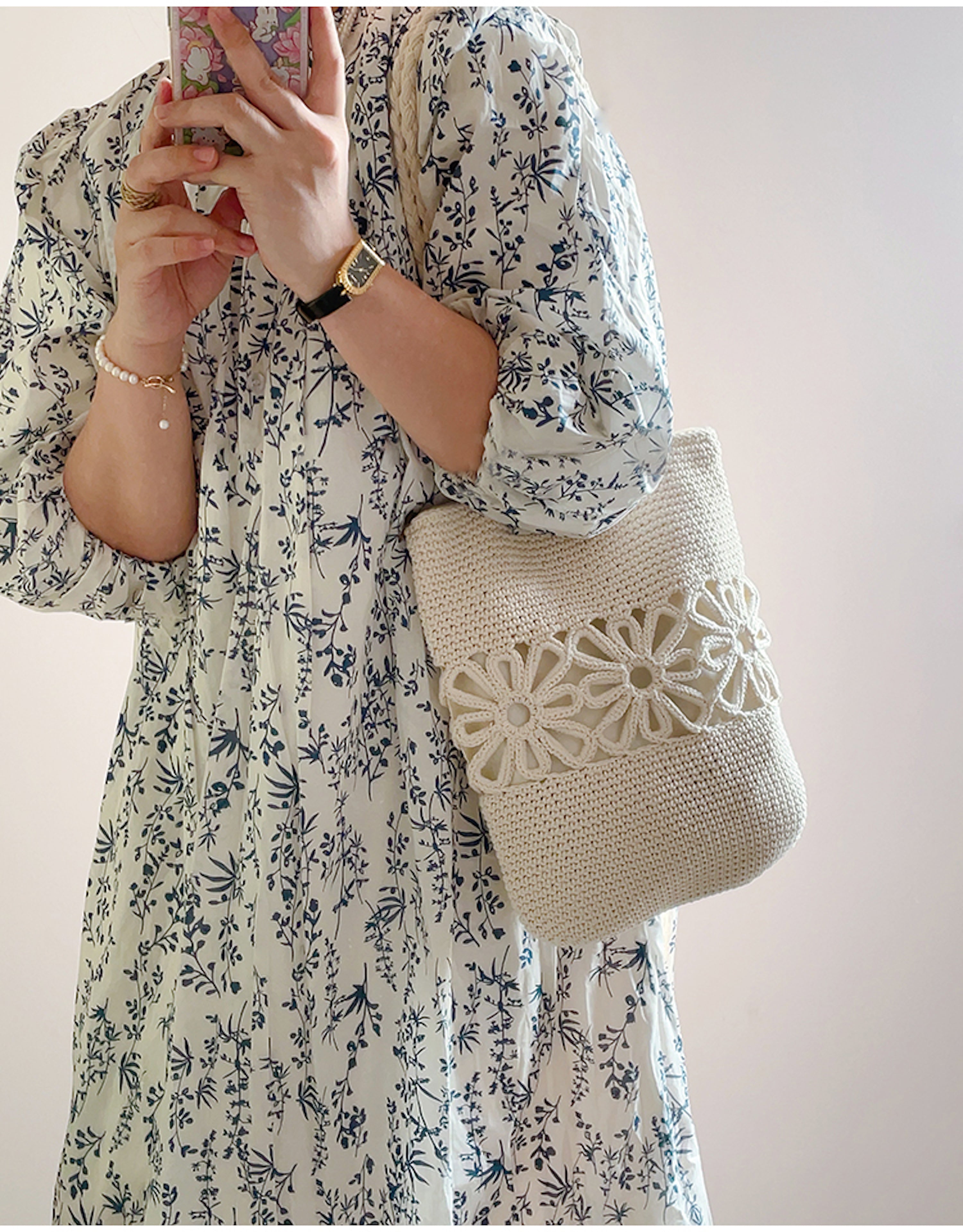 Crochet Medium Cotton Bag with Floral Design