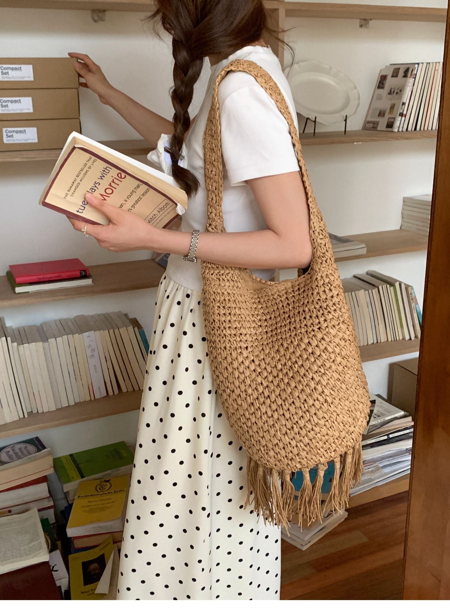 Large Straw Woven Shoulder Bag with Tassel