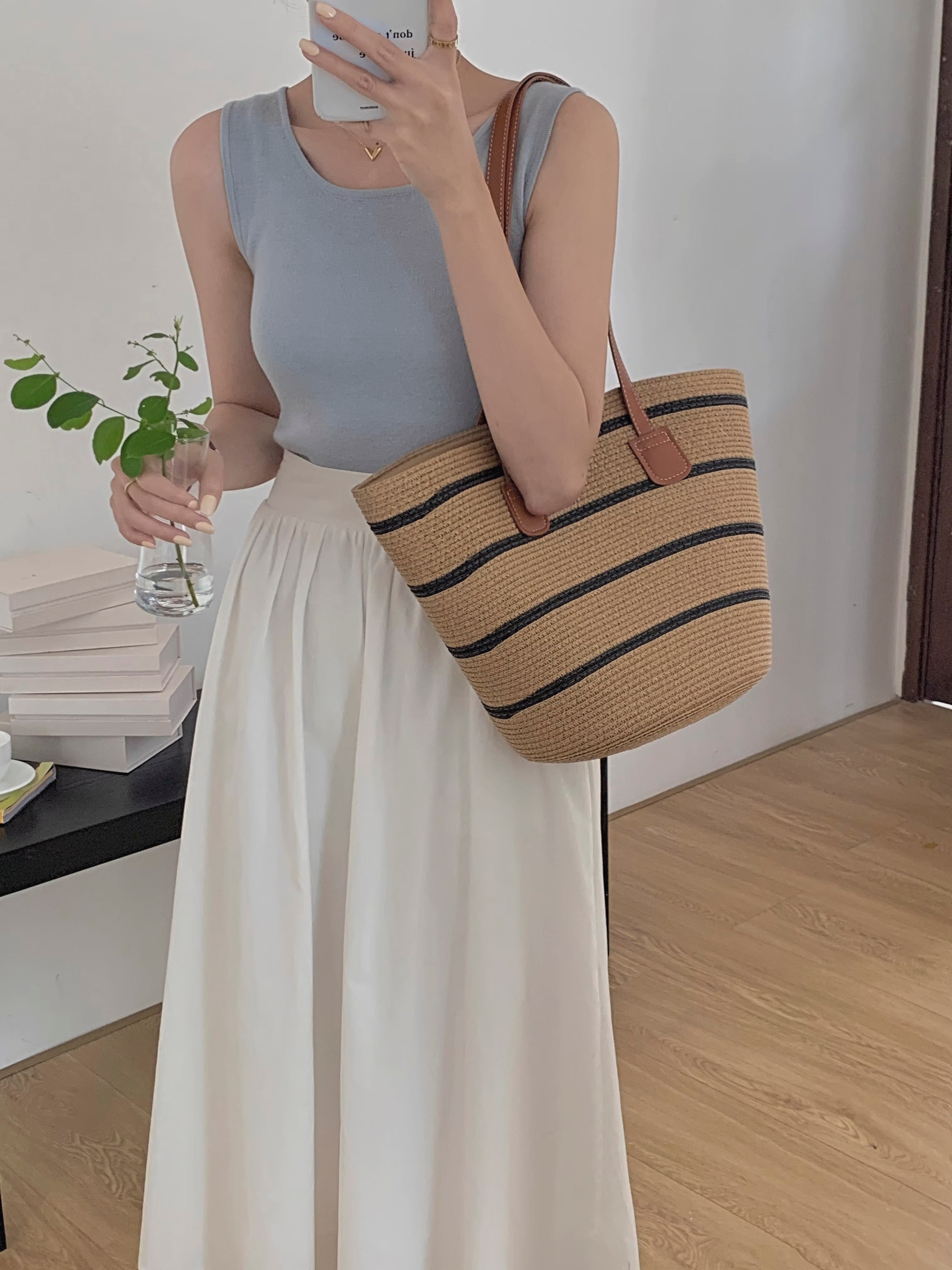 Straw Summer Tote Beach Bag with Stripes