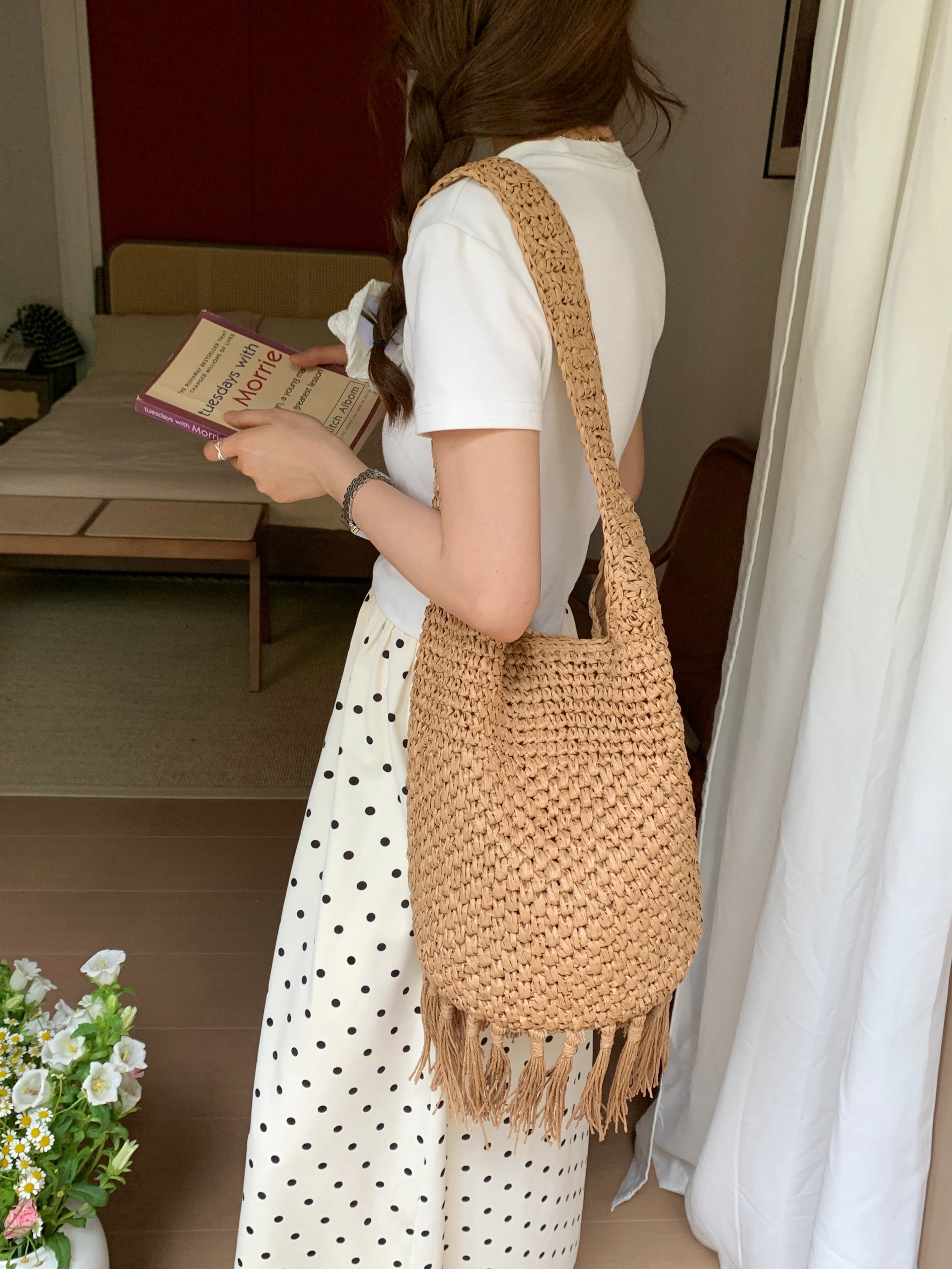 Large Straw Woven Shoulder Bag with Tassel