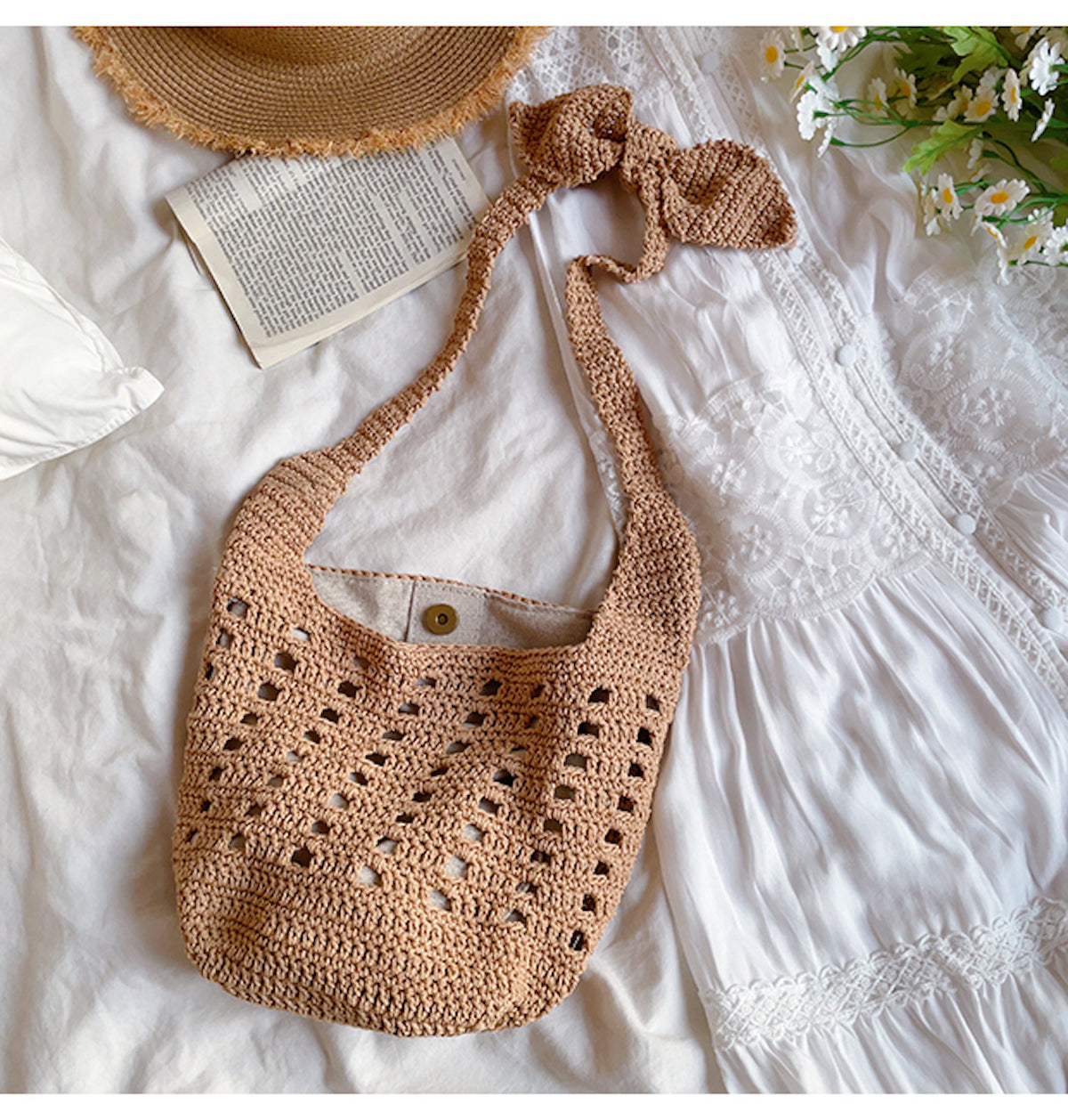 Elena Handbags Crochet Cotton Bucket Shoulder Bag