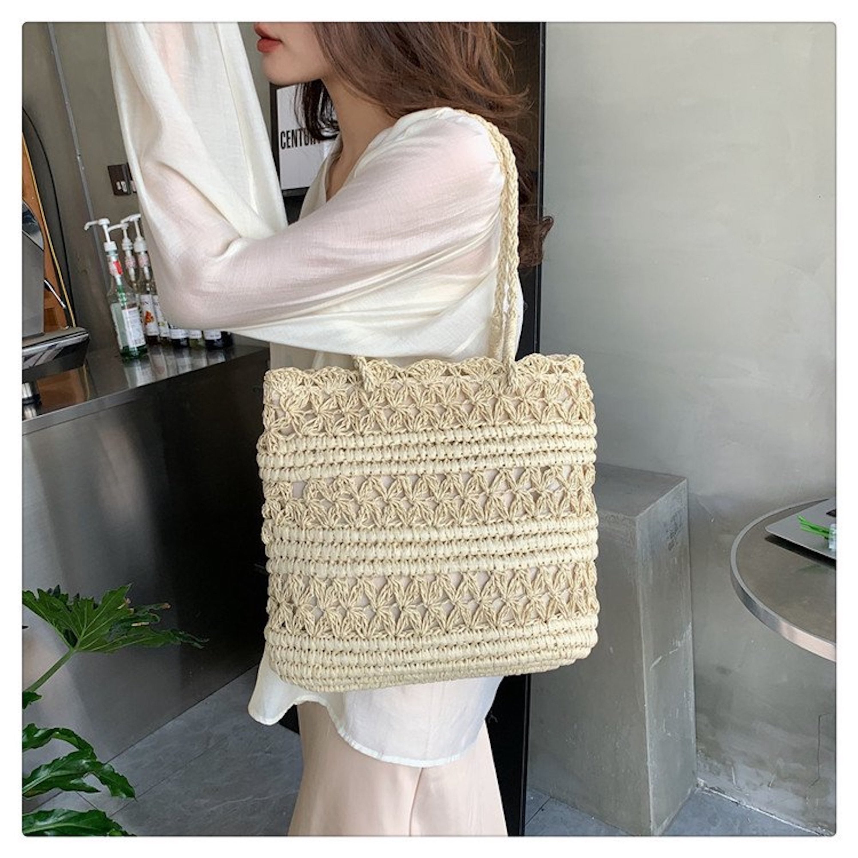 Long Handle Floral Design Straw Beach Tote