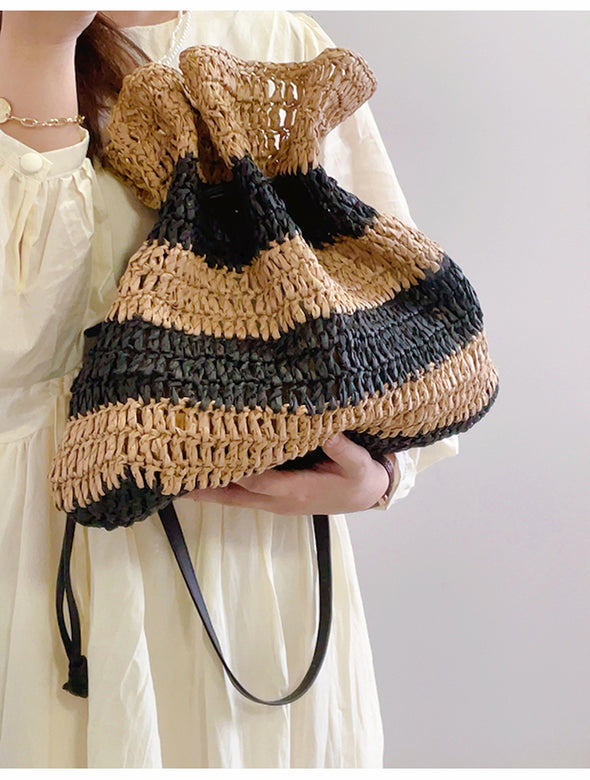 Elena Handbags Fashion Stripe Straw Drawstring Bag
