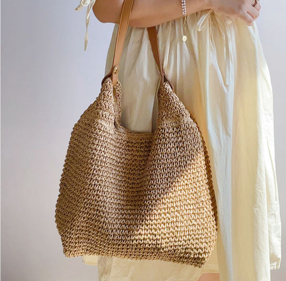 Elena Handbags Straw Woven Tote with Leather Straps