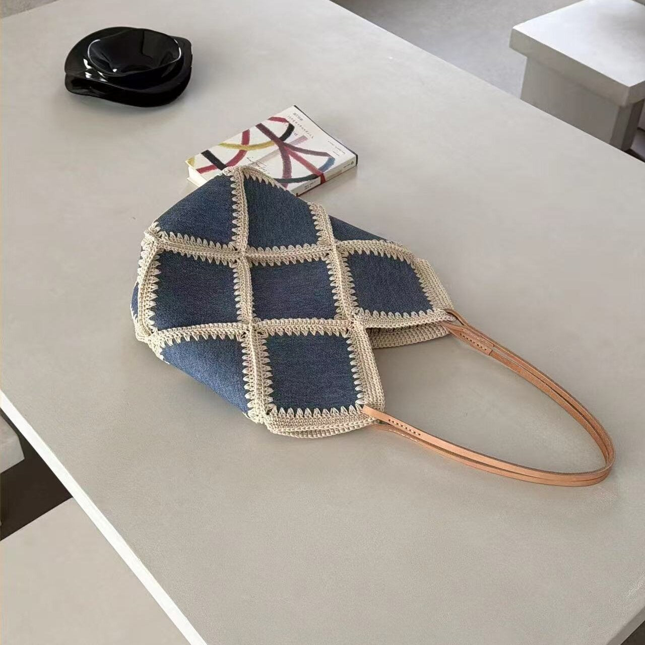 Denim Crochet Patchwork Shoulder Tote