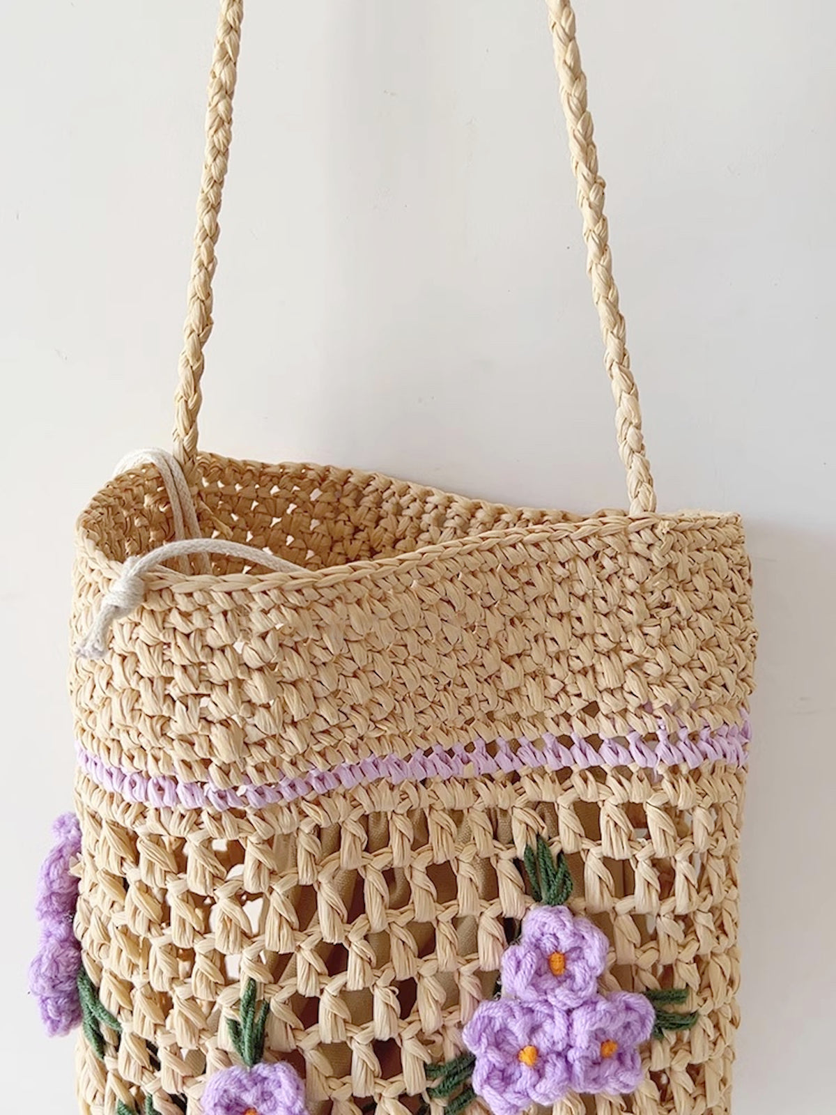 Elena Handbags Floral Straw Shoulder Bucket Bag Lavender
