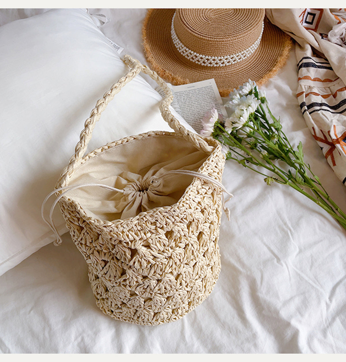 Elena Handbags Patterned Straw Shoulder Bucket Bag