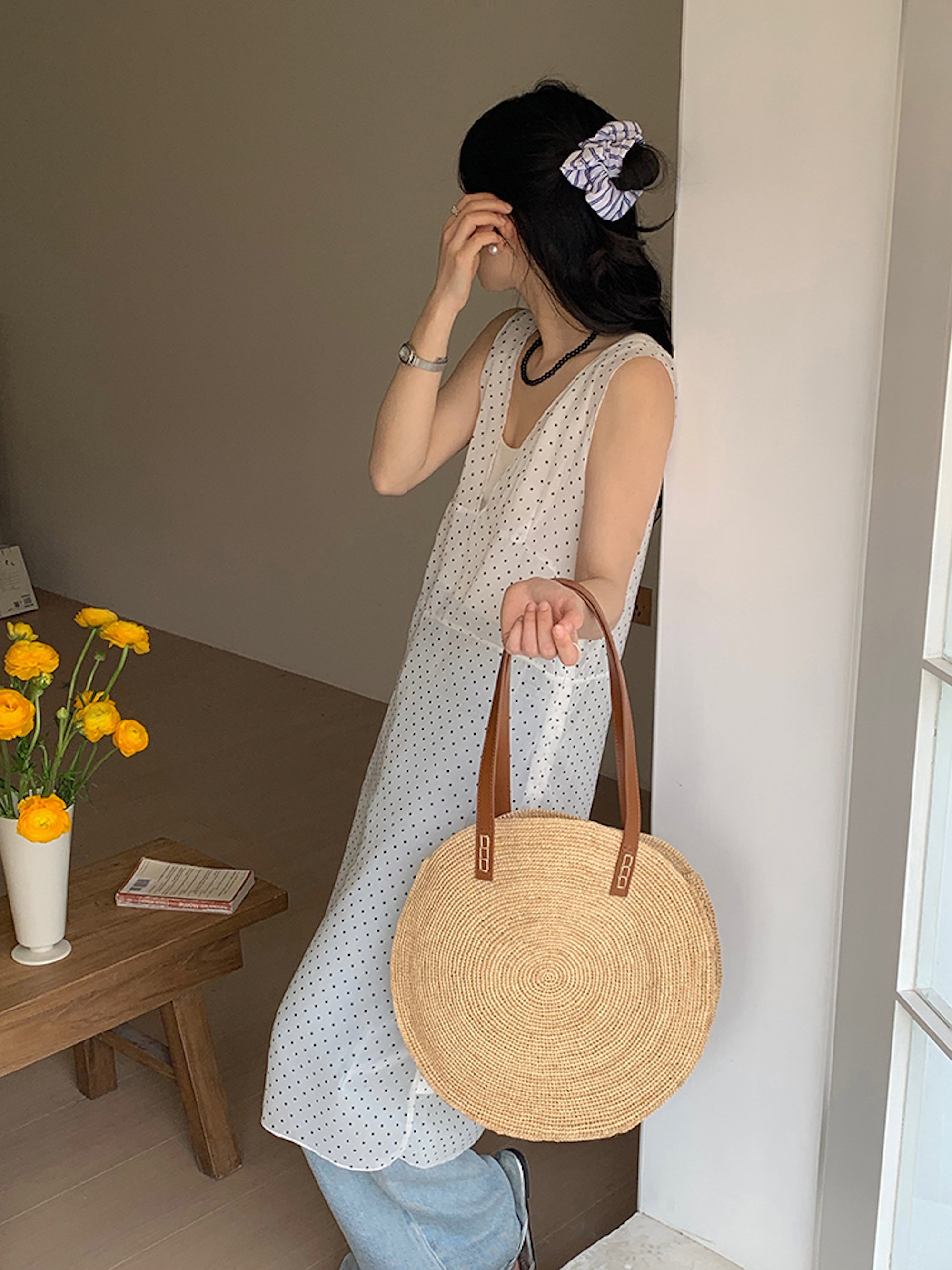 Round Raffia Woven Shoulder Bag with Genuine Leather Straps