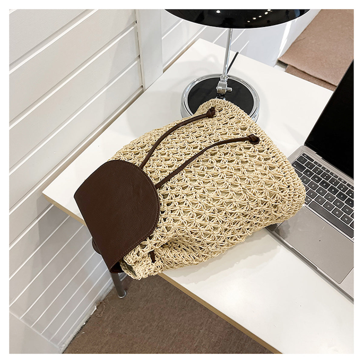 Elena Handbags Straw Woven Backpack with Leather Strap and Flap
