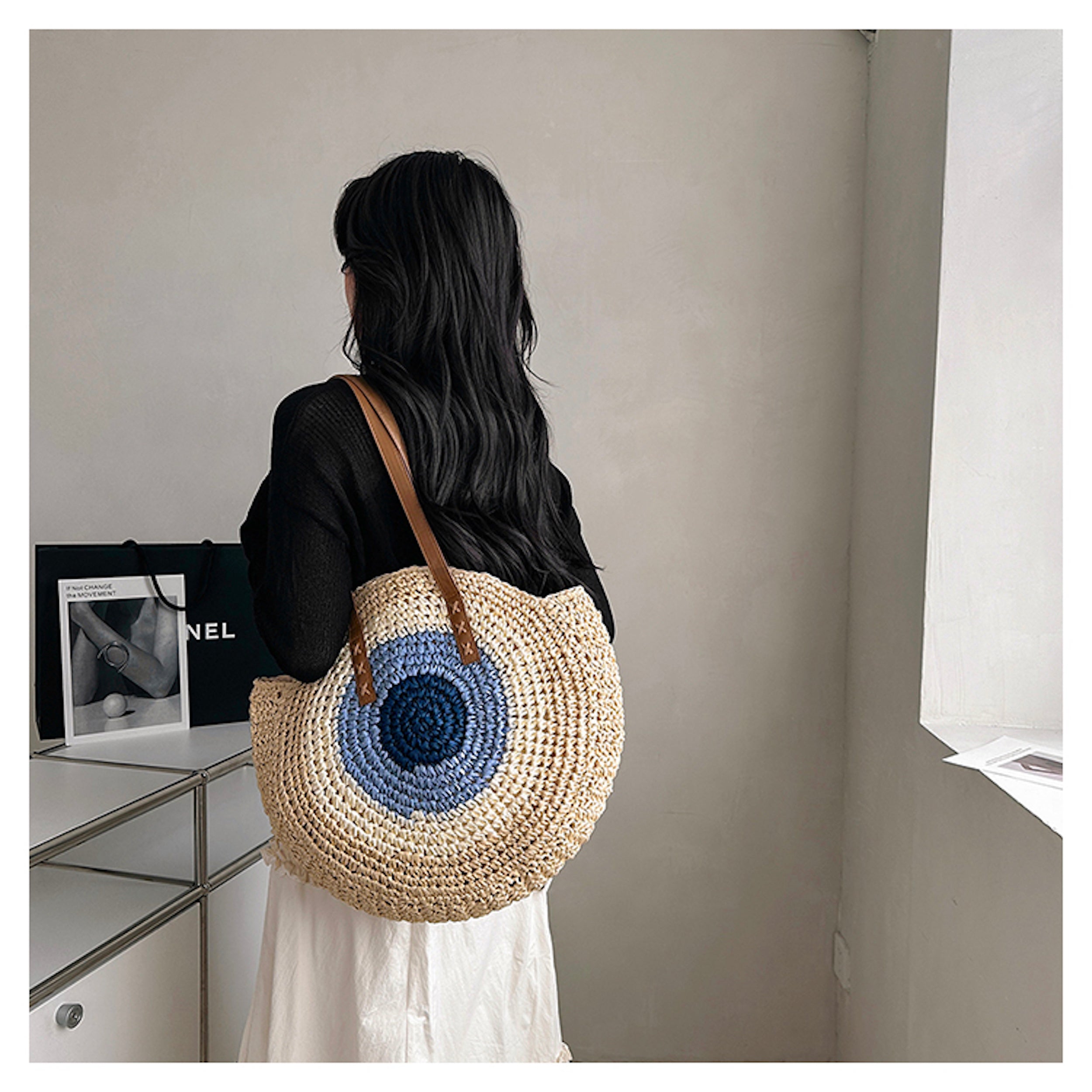 Elena Handbags Boho Round Beach Straw Tote