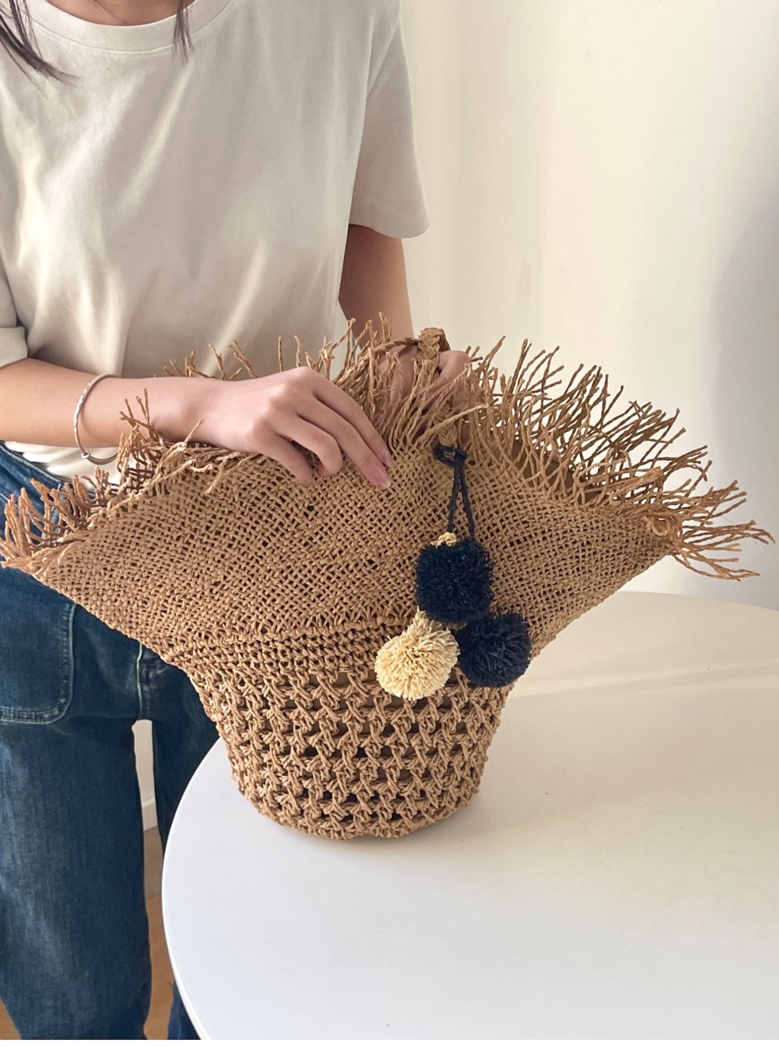 Straw Woven Basket Shape Tote with Pom Pom