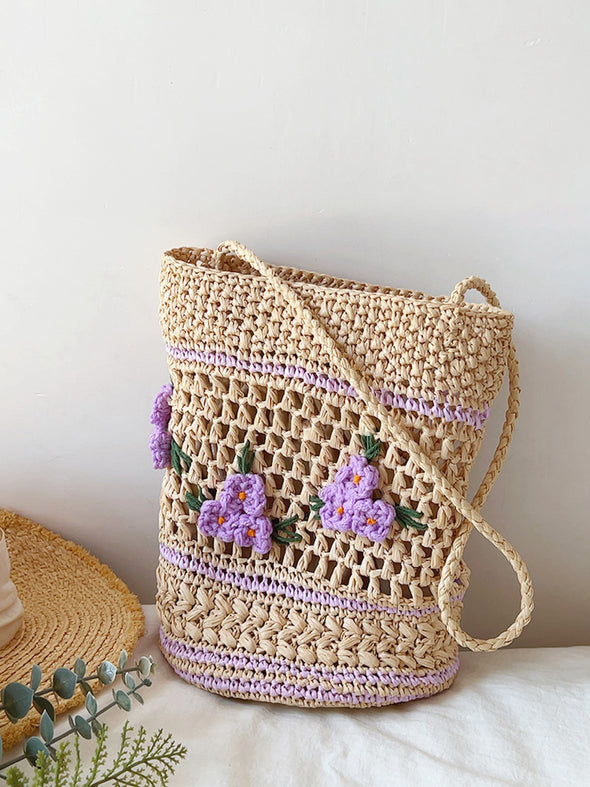 Elena Handbags Floral Straw Shoulder Bucket Bag Lavender