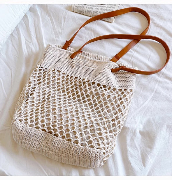 Elena Handbags Retro Fish Net Cotton Knitted Shoulder Bag with Leather Straps