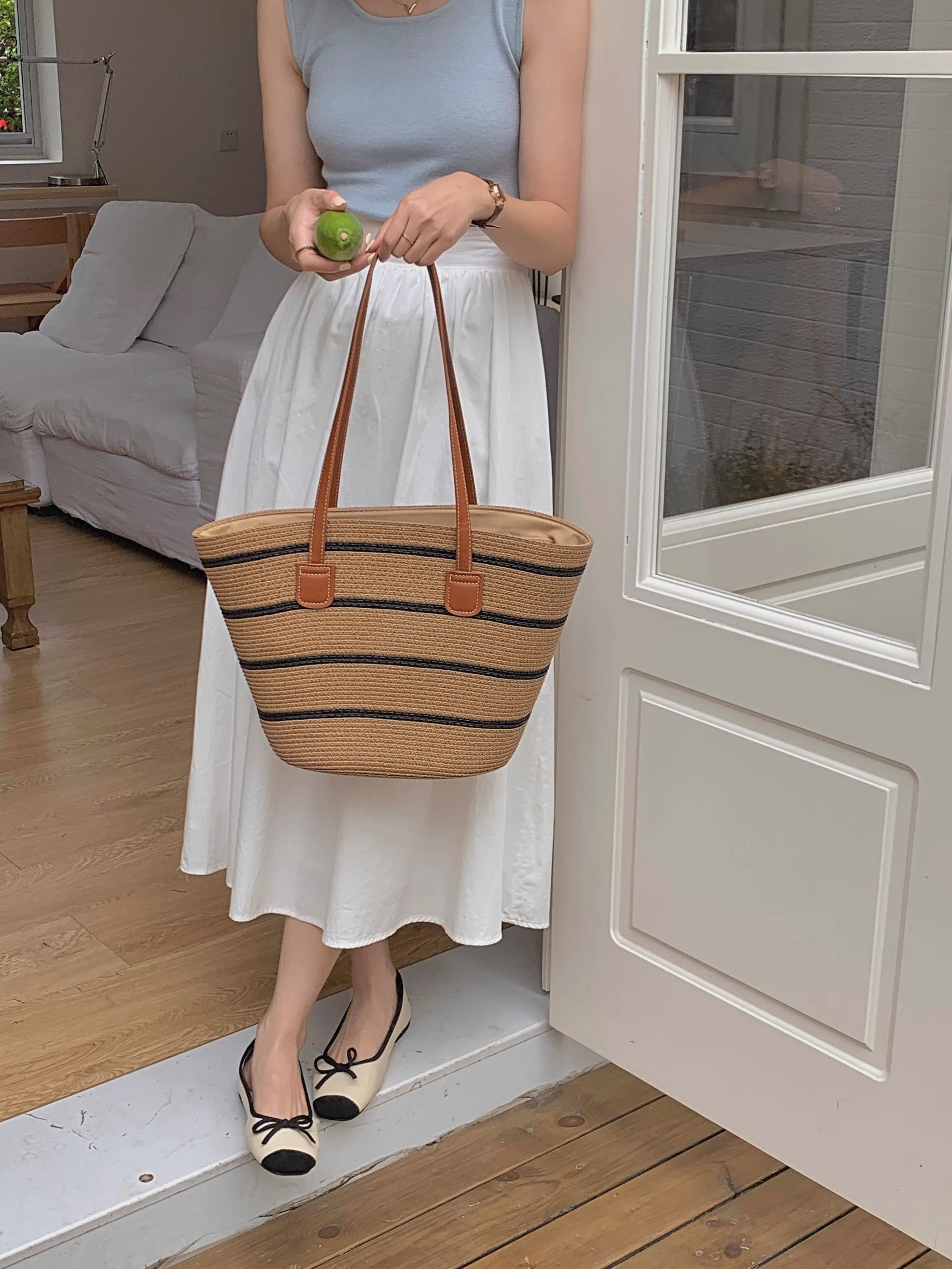 Straw Summer Tote Beach Bag with Stripes