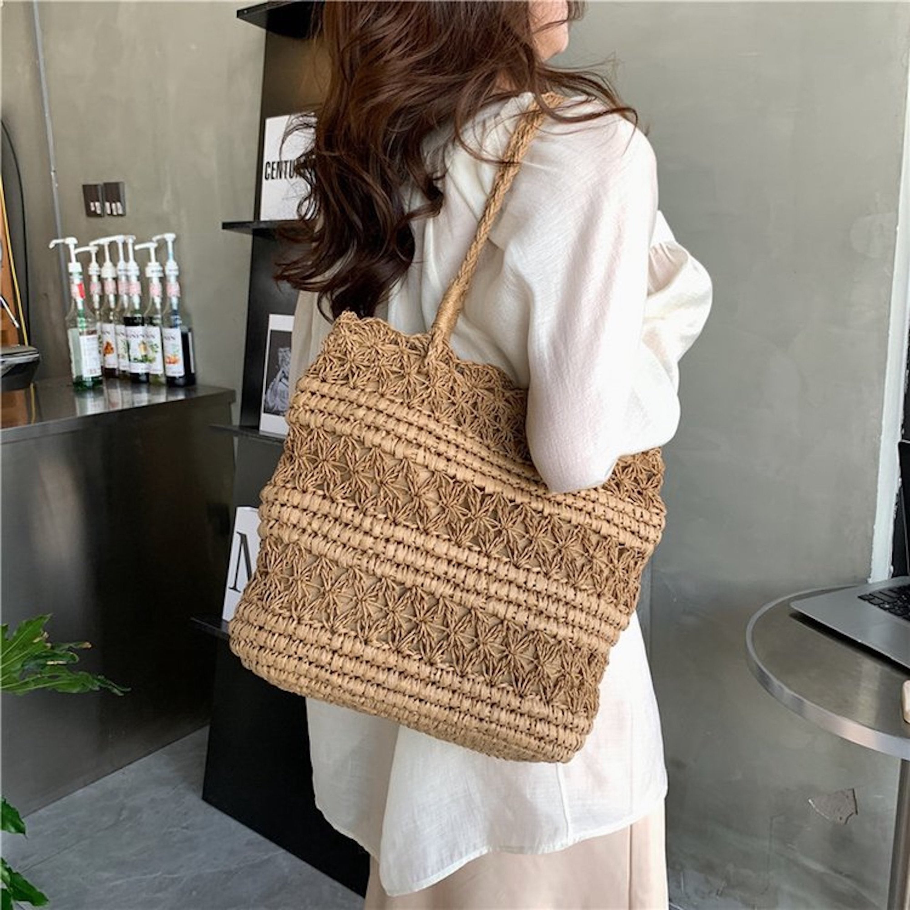 Long Handle Floral Design Straw Beach Tote