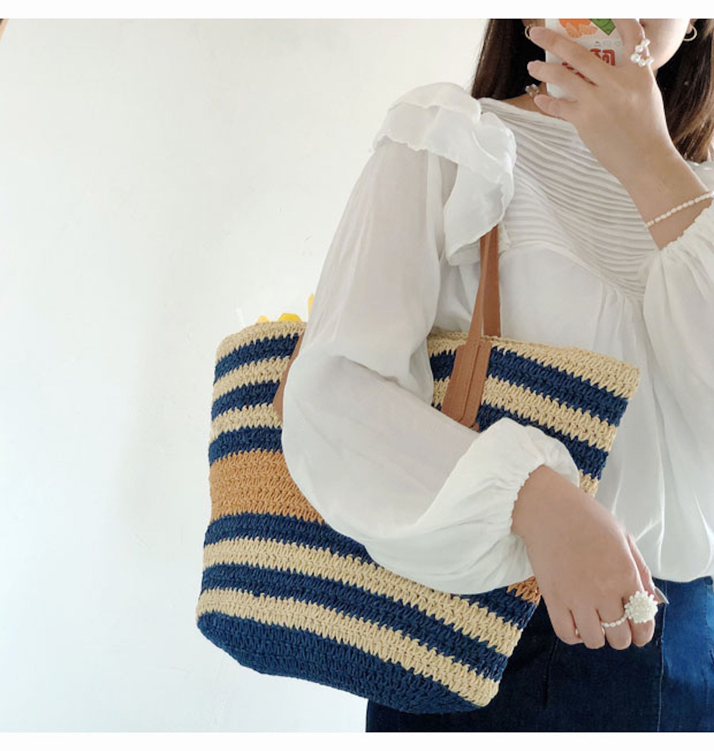 Large Striped Straw Woven Tote Bag