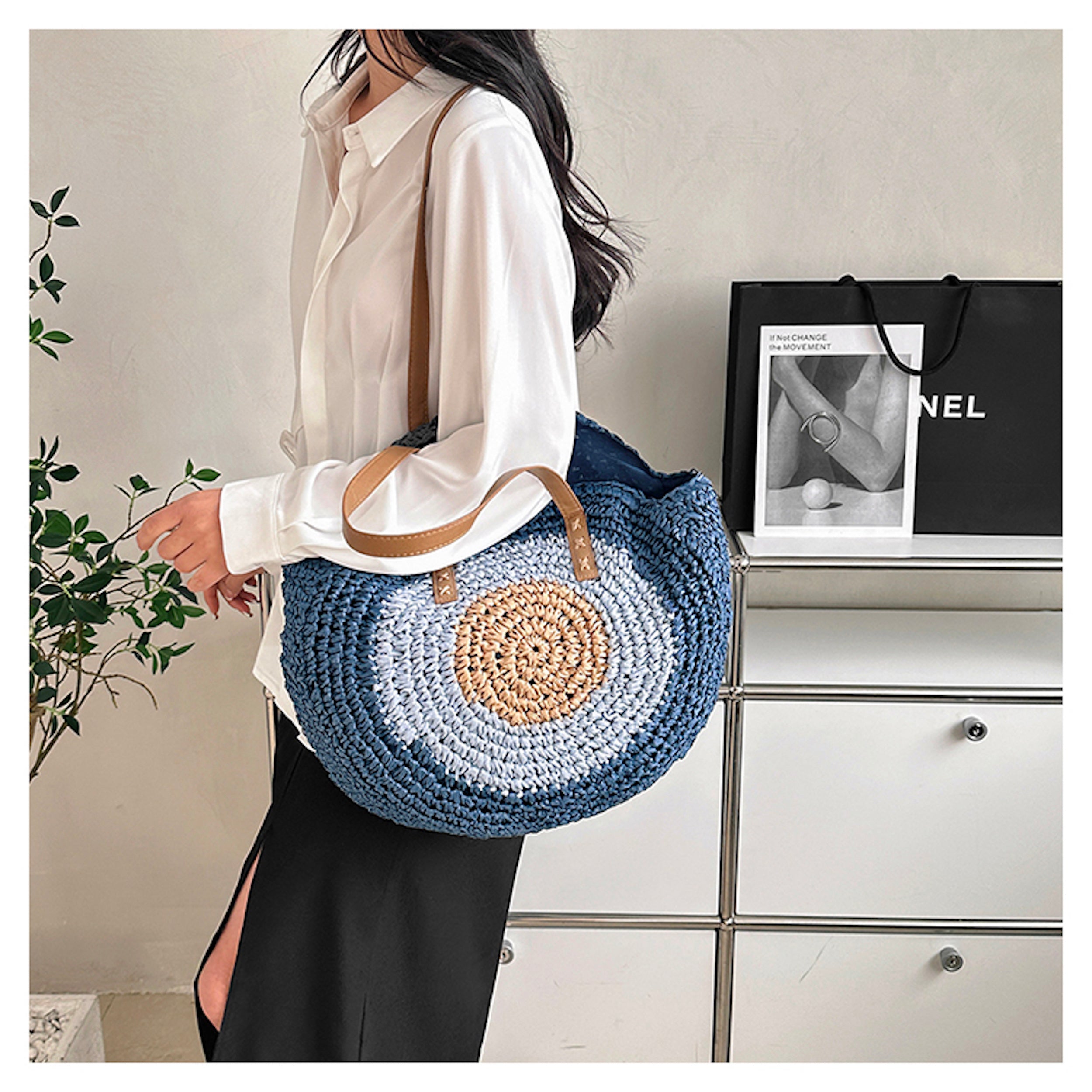 Elena Handbags Boho Round Beach Straw Tote