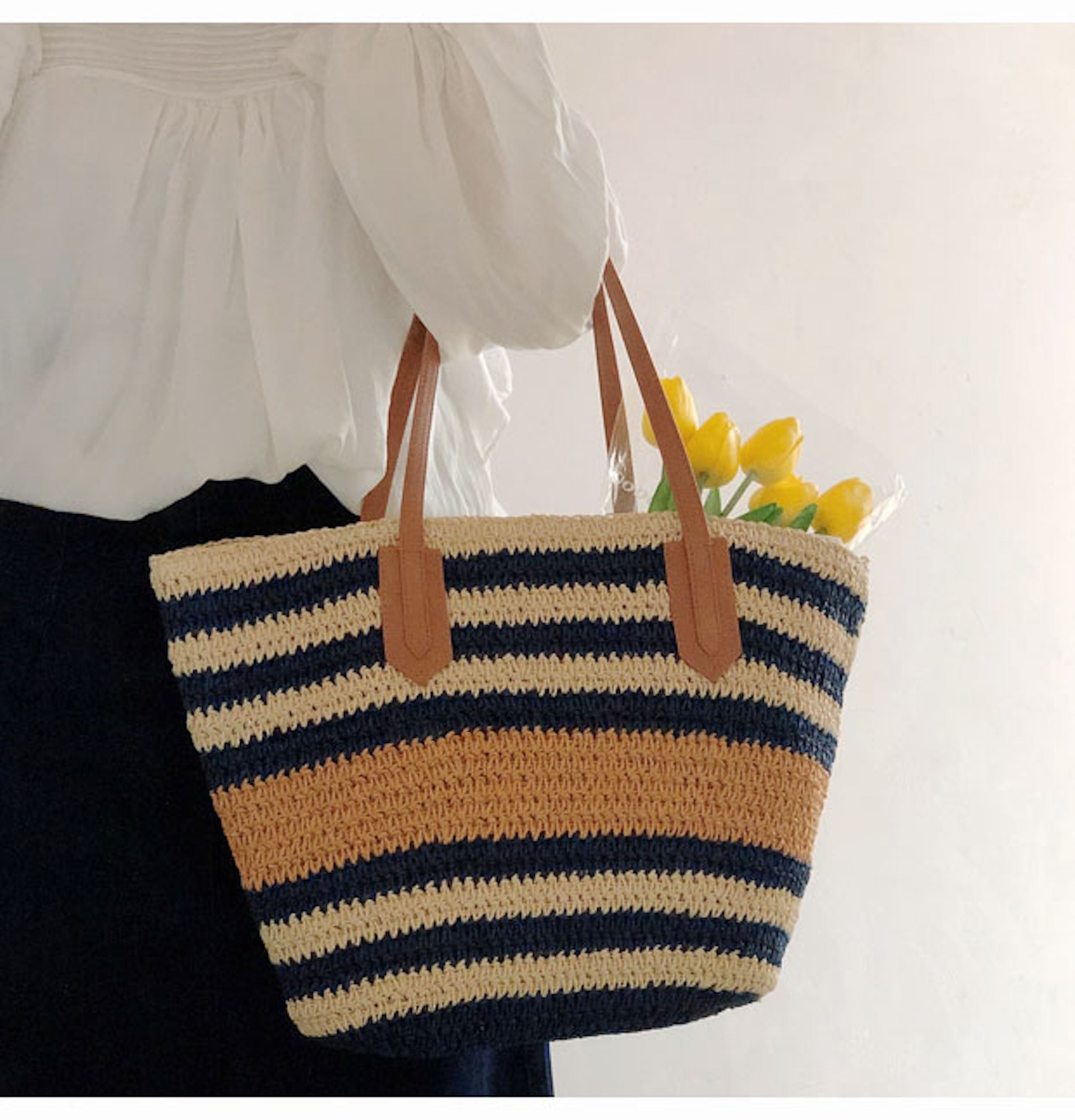Large Striped Straw Woven Tote Bag