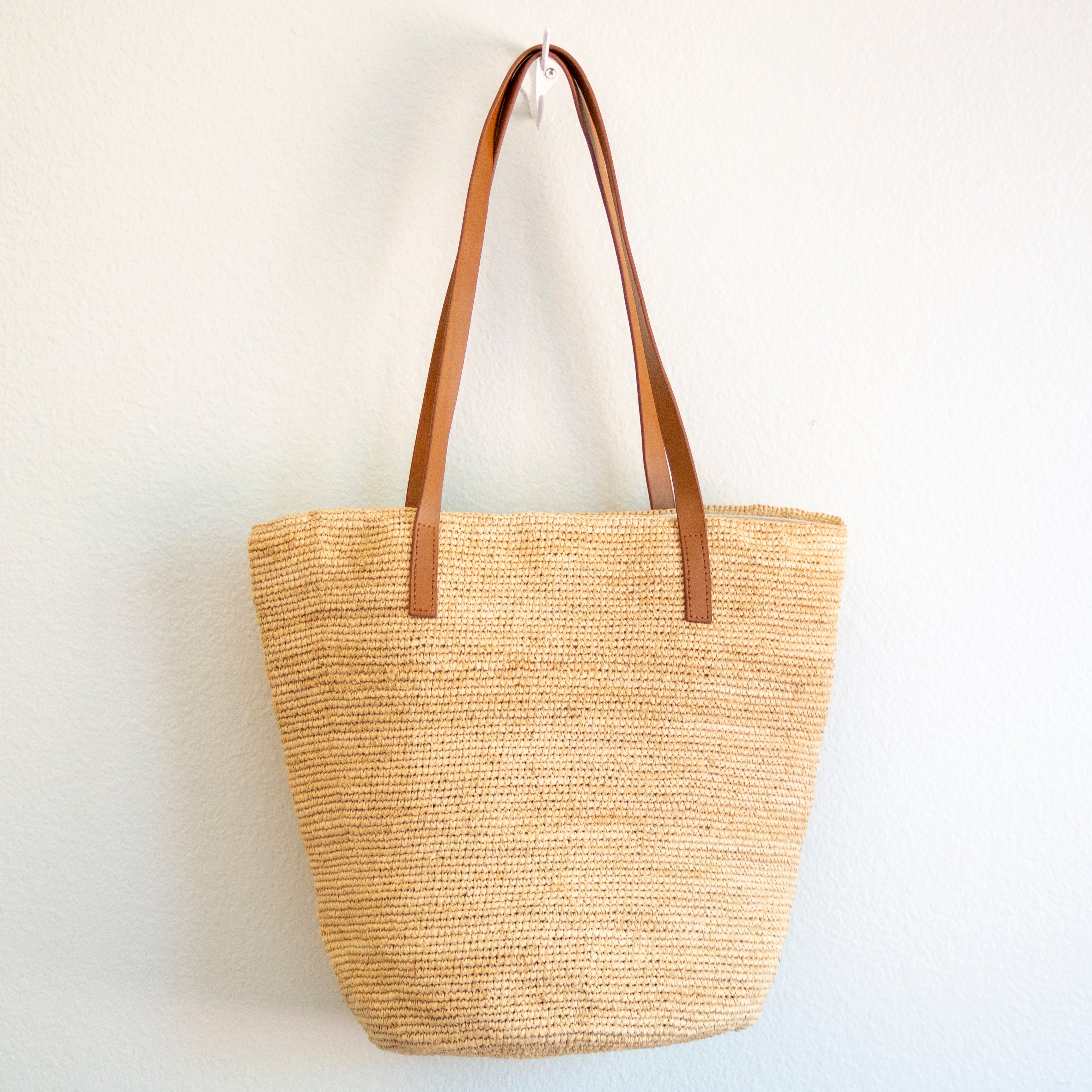 Raffia Summer Straw Tote with Genuine Leather Handles