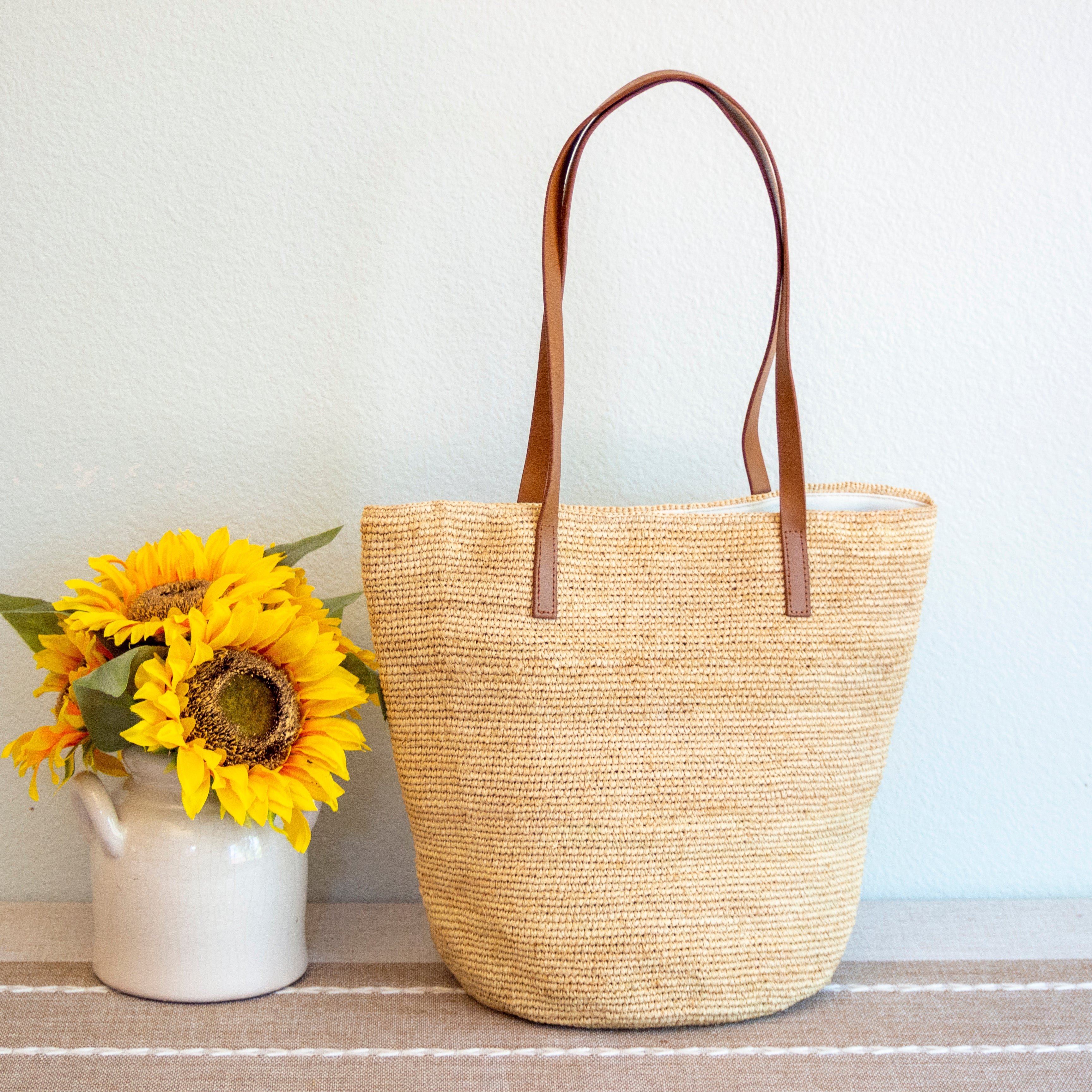 Raffia Summer Straw Tote with Genuine Leather Handles